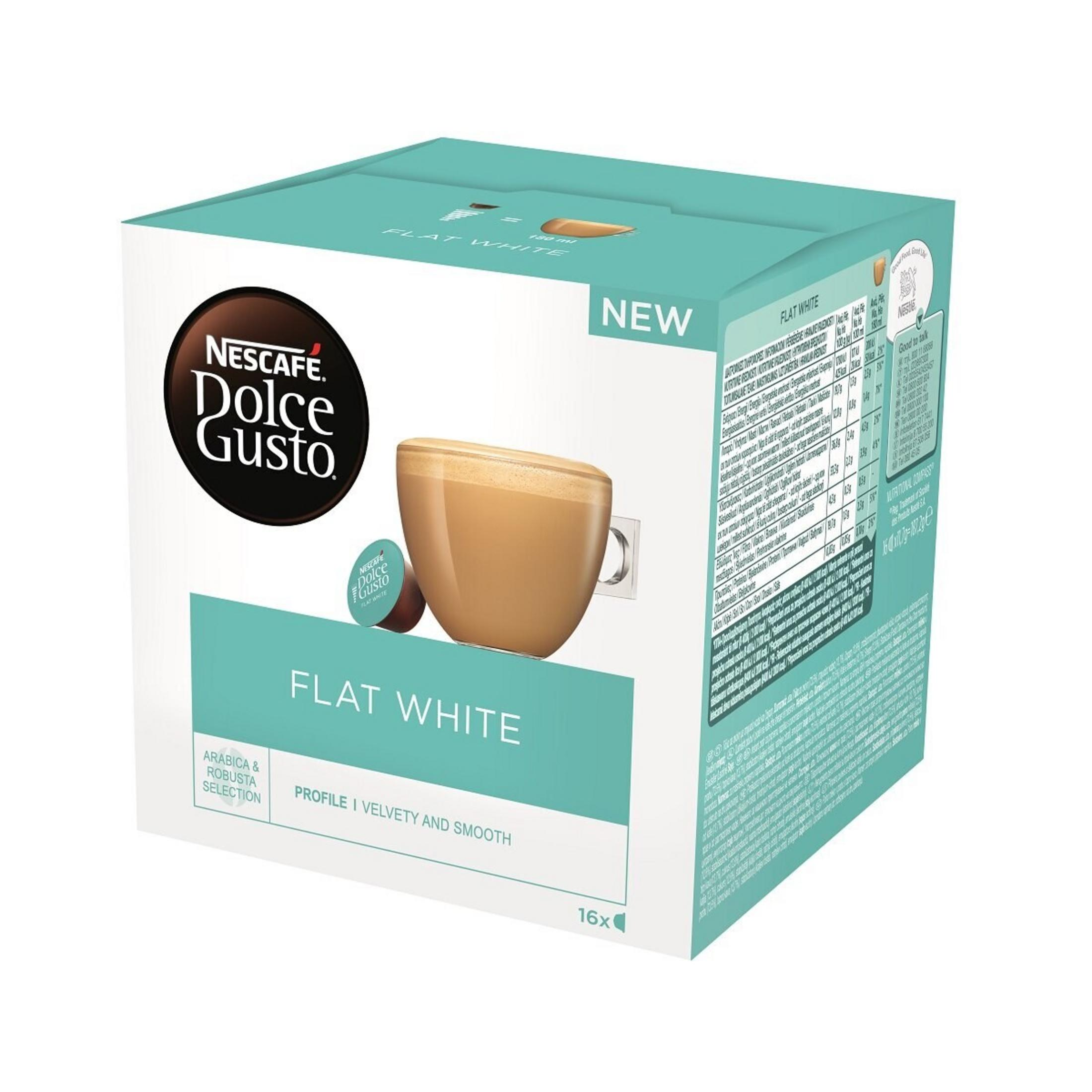 Scatola di capsule di caffè Nescafe Dolce Gusto Flat White. Viene mostrata una tazza di caffè con una capsula. La scatola è bianca e verde acqua.
