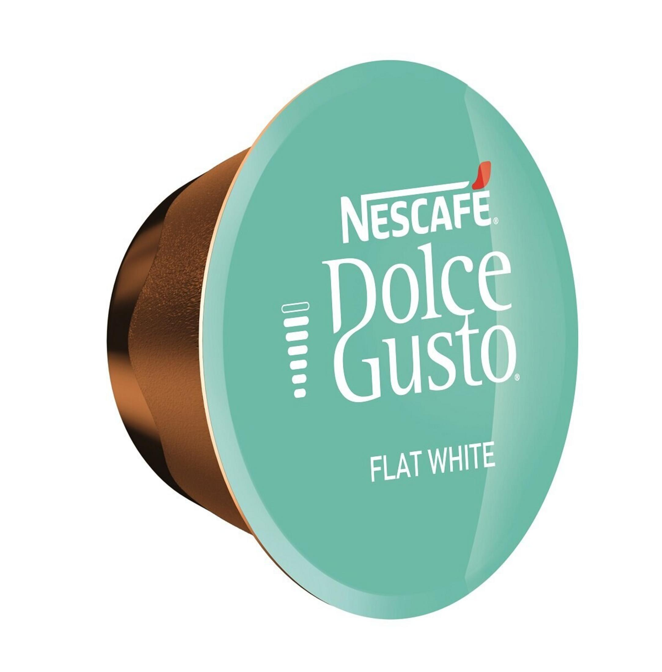 Una capsula di caffè Dolce Gusto. È verde chiaro con il marchio e 'Flat White', con un bordo bronzo.