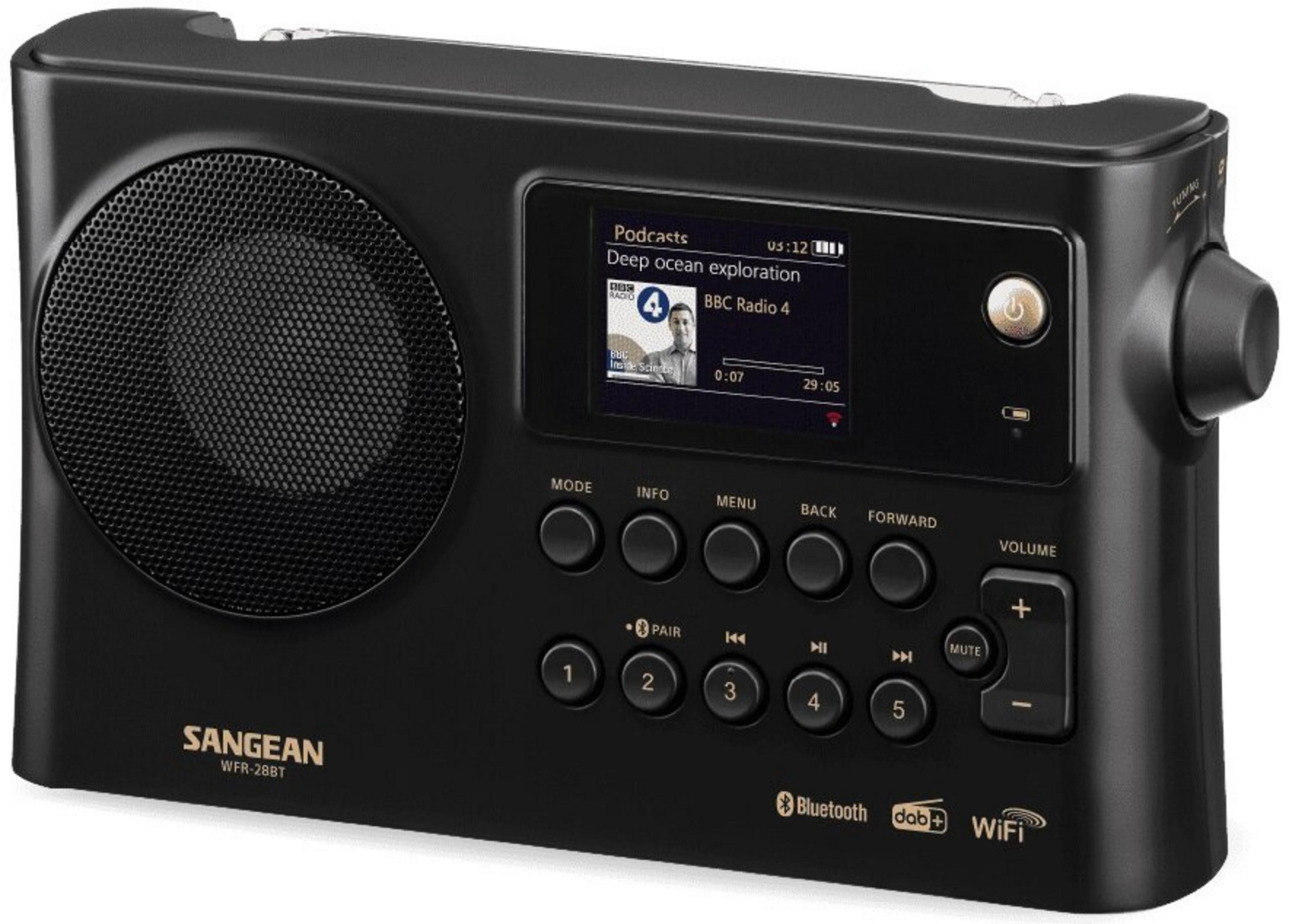 Radio noire Sangean WFR-28BT avec un écran affichant BBC Radio 4. Elle a des boutons et un bouton de volume.