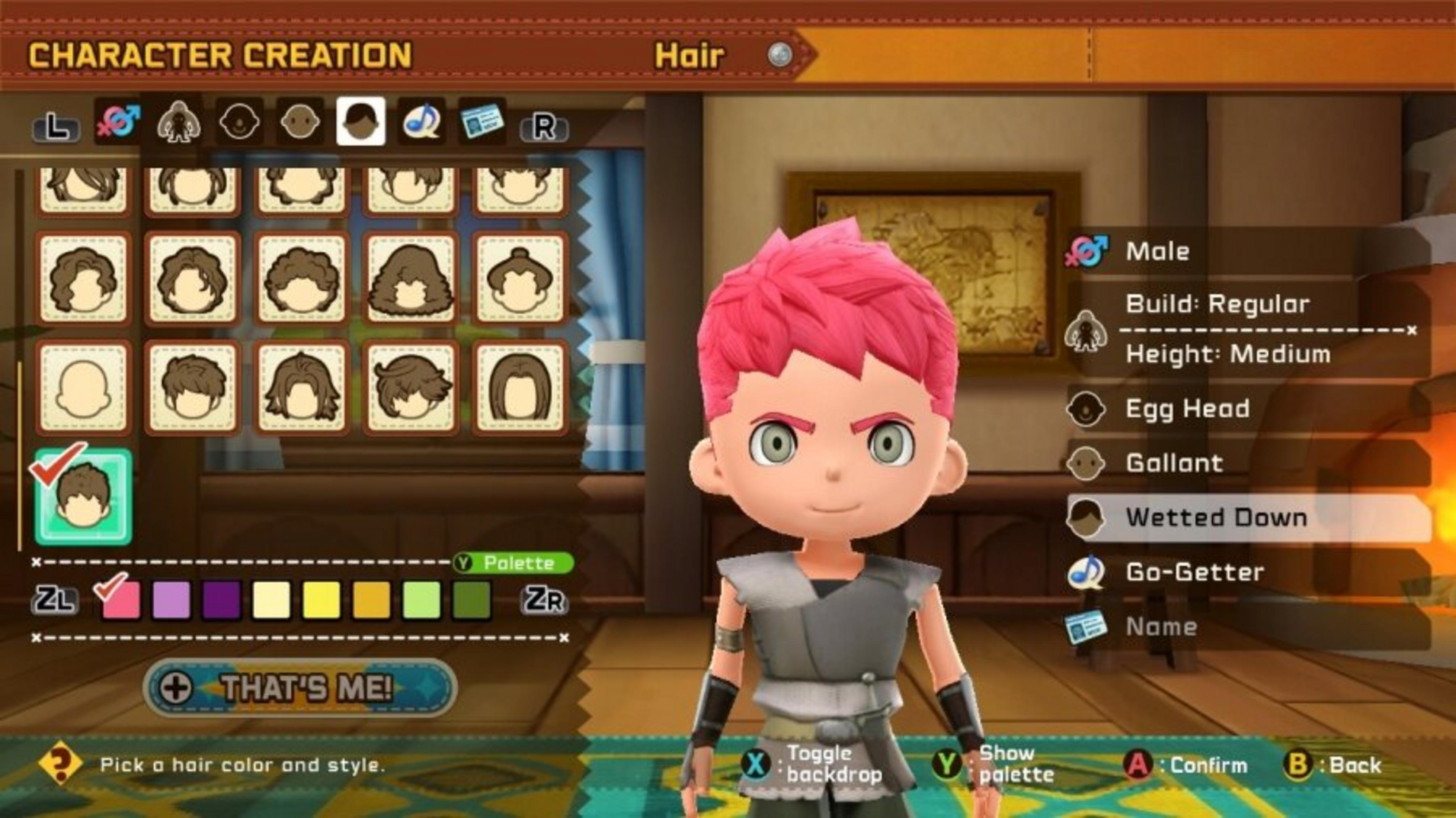 Schermata di creazione personaggio con avatar maschile. Sono visibili opzioni per capelli, palette colori e funzionalità.