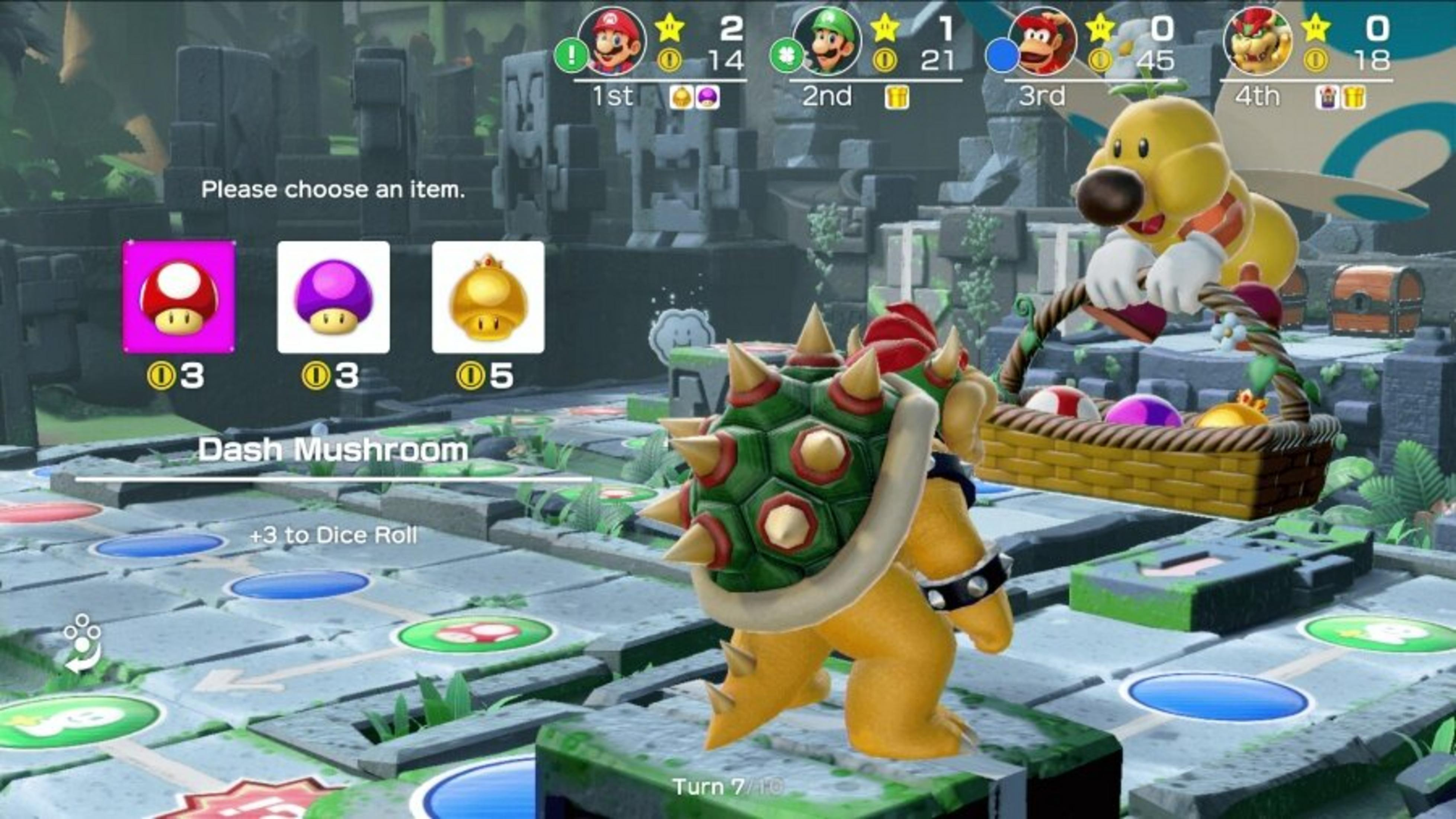 Ein Mario Party-Spielbildschirm. Bowser steht auf einem Steinpfad. Gegenstände können ausgewählt werden. Ein hundartiger Charakter hält einen Korb.