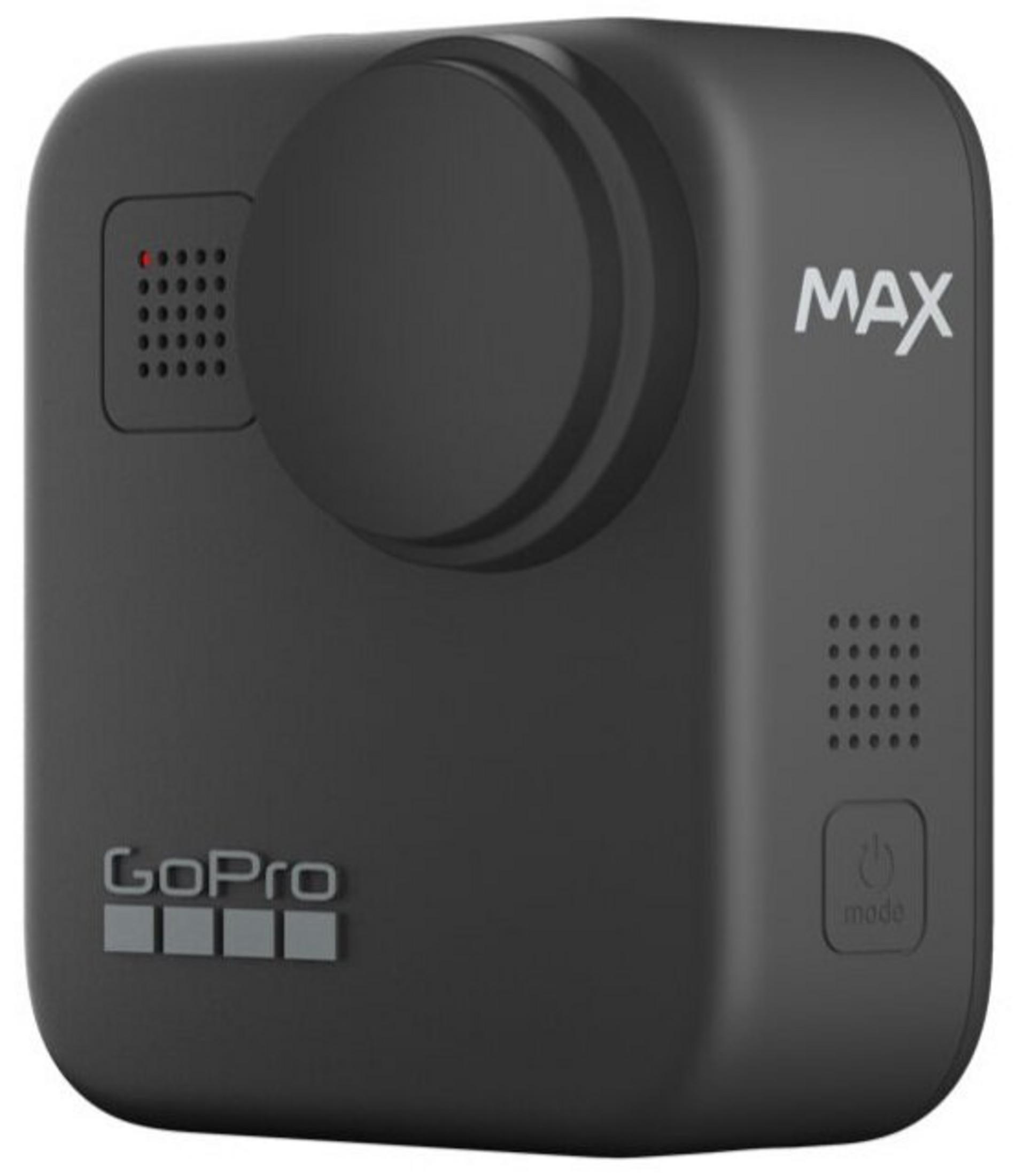 Cámara negra GoPro Max. Cuenta con lente, etiqueta MAX, logotipo GoPro, botón de modo y orificios para altavoz.