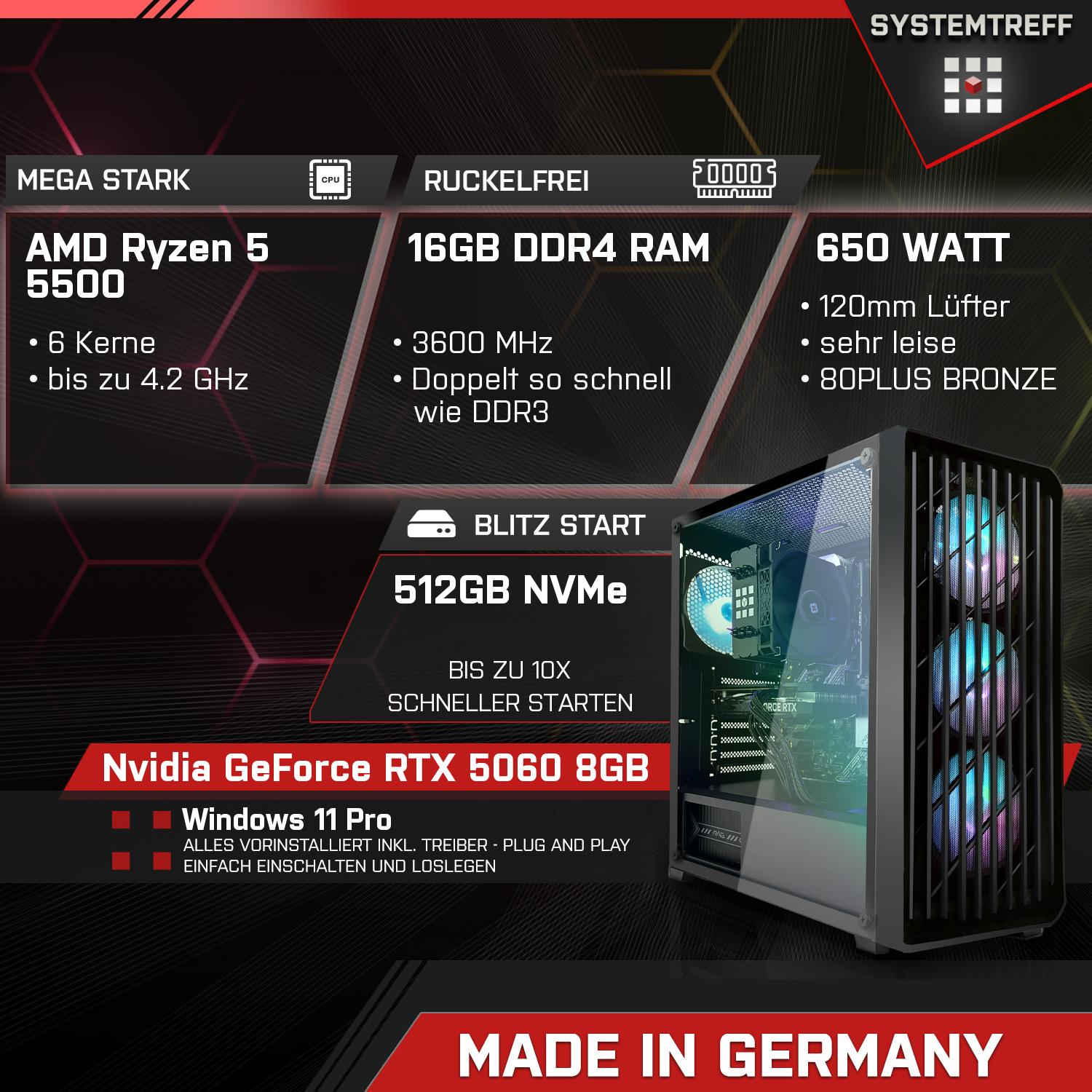 Ein Computergehäuse mit Komponenten. Enthält AMD Ryzen 5, 16 GB RAM, Nvidia GeForce RTX 5060 und Windows 11 Pro.