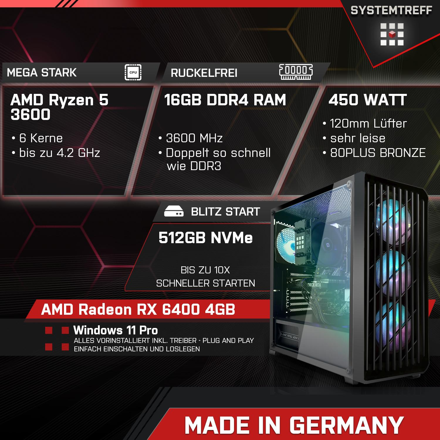 Ein Computergehäuse mit Komponenten: AMD Ryzen 5, 16GB RAM, 450W, AMD Radeon RX 6400, Windows 11 Pro, und Made in Germany.