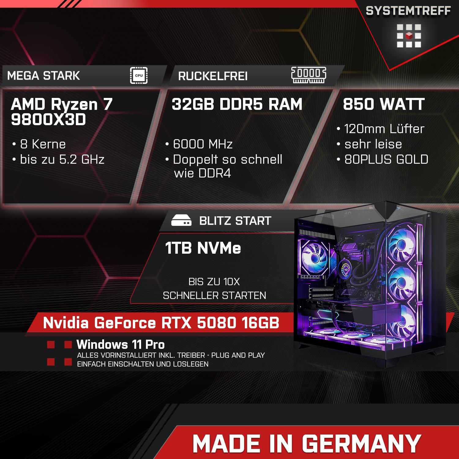 Ein Computergehäuse mit lila beleuchteten Komponenten. Text hebt CPU, RAM, GPU und andere Spezifikationen hervor.