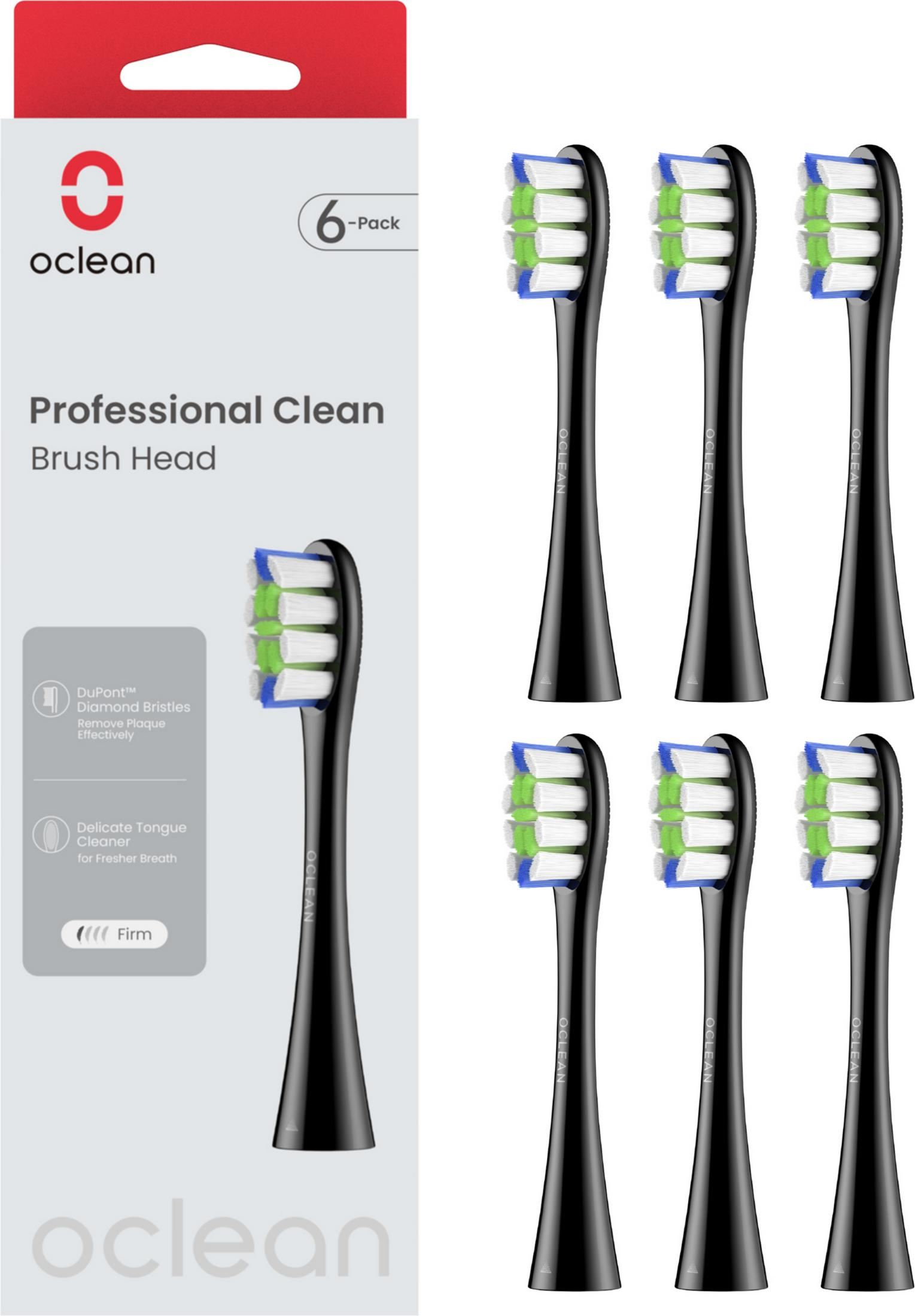 Oclean Zahnbürstenköpfe im 6er-Pack. Schwarze Griffe mit weißen, grünen und blauen Borsten.