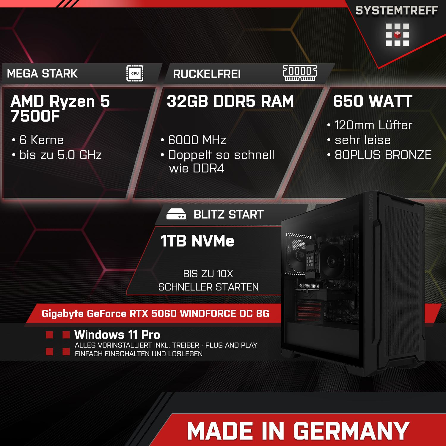 PC-Komponenten-Details werden angezeigt. Es verfügt über AMD Ryzen 5, 32 GB RAM, 650 W, Gigabyte RTX 5060, Windows 11. Made in Germany.