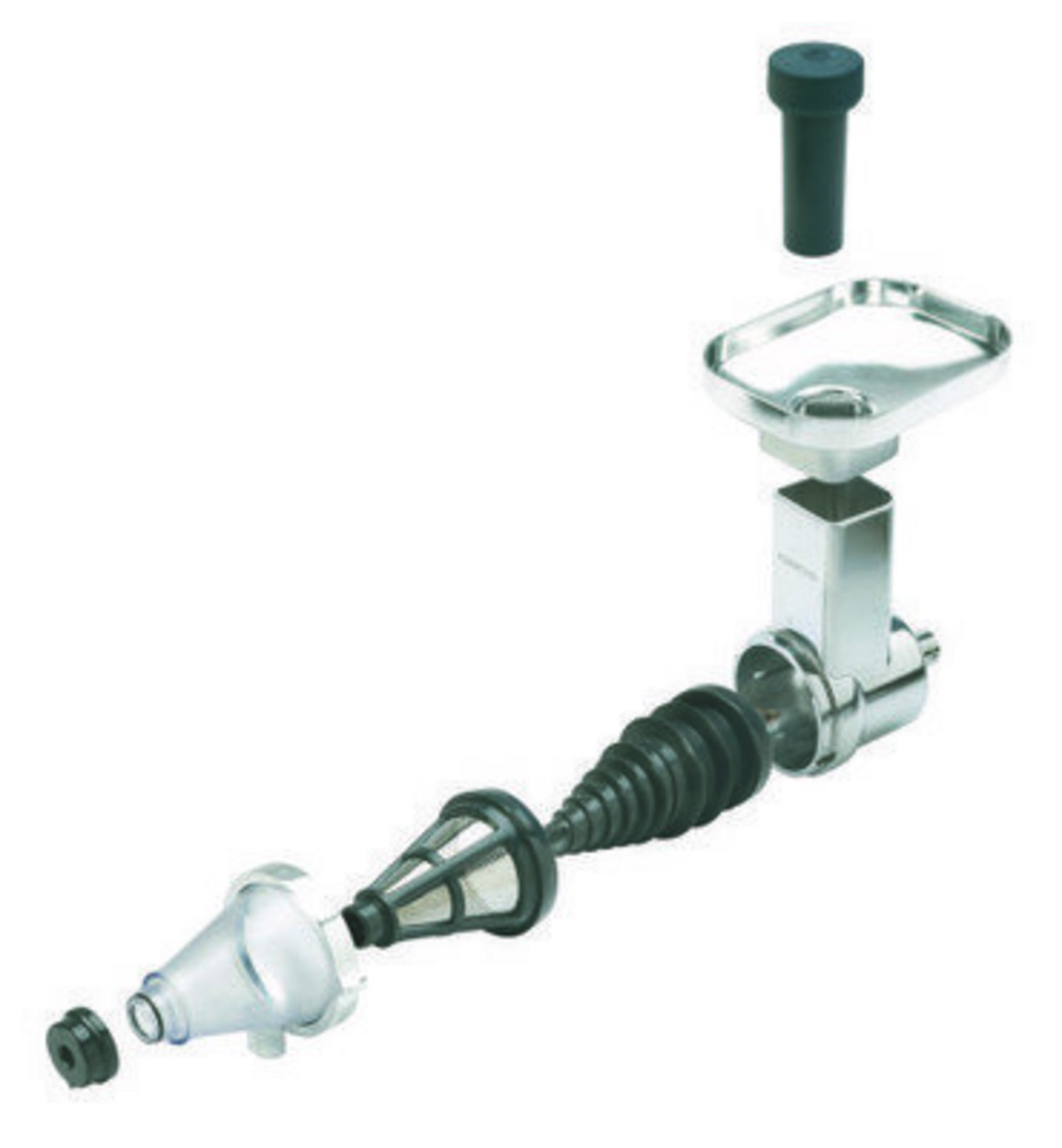 Widok rozłożony komponentu maszyny, z częściami metalowymi, plastikowymi i gumowymi. Zawiera tacę, zawór i filtr.