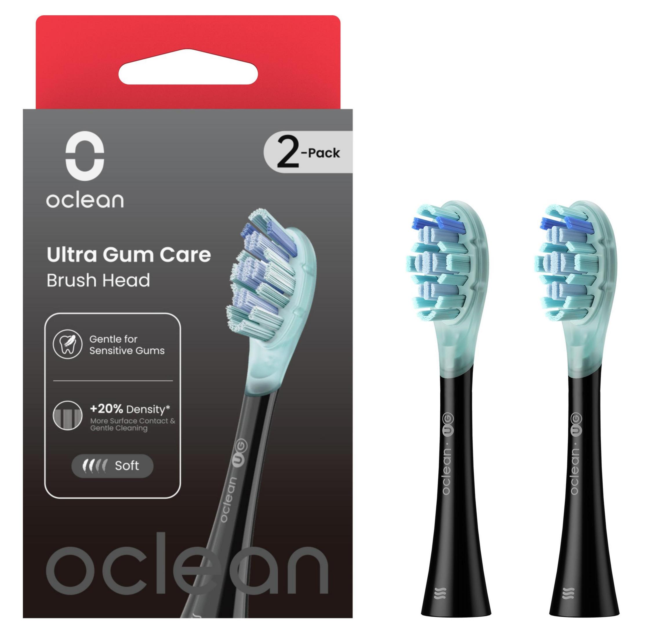 Oclean Ultra Gum Care Bürstenköpfe. Zwei Bürstenköpfe rechts und eine Packung links. Die Bürstenköpfe sind hellblau.