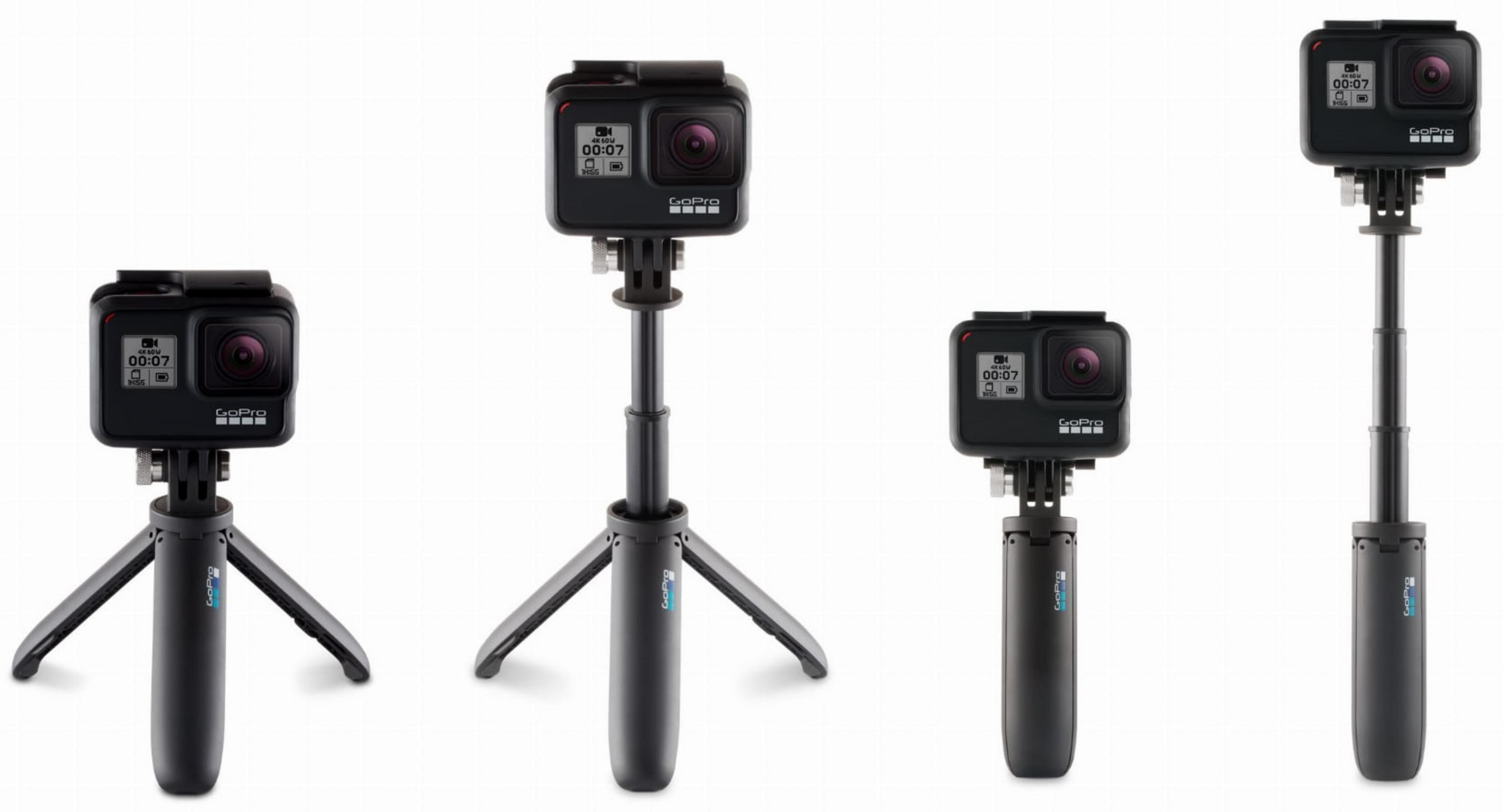 Quattro fotocamere GoPro su diversi supporti: un treppiede, un'asta e un'impugnatura, tutti neri. Ogni fotocamera mostra 00:07.