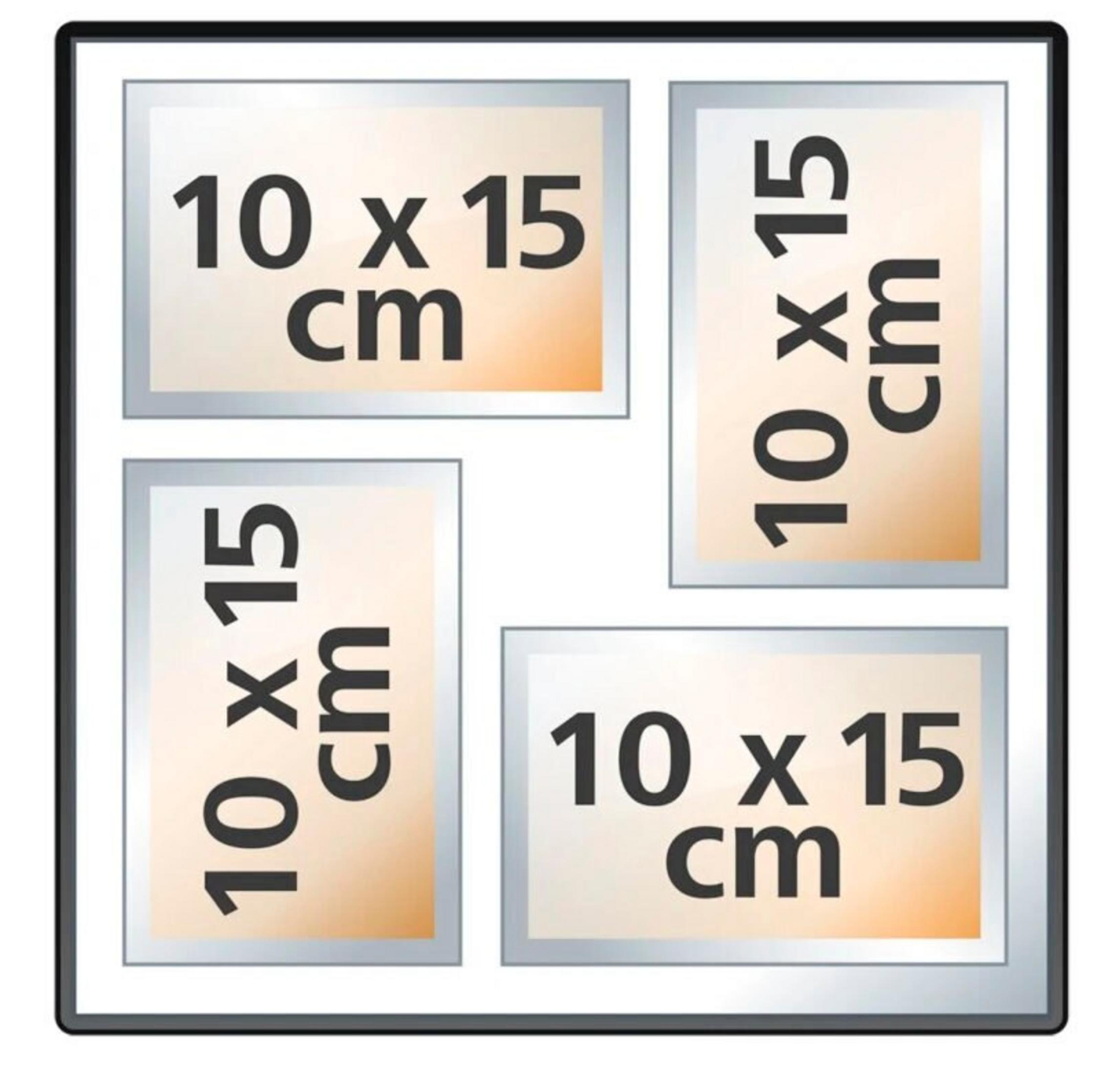 Cztery ramki wyświetlające wymiary. Każda ramka mówi '10 x 15 cm'. Ramki są ułożone w kwadrat.