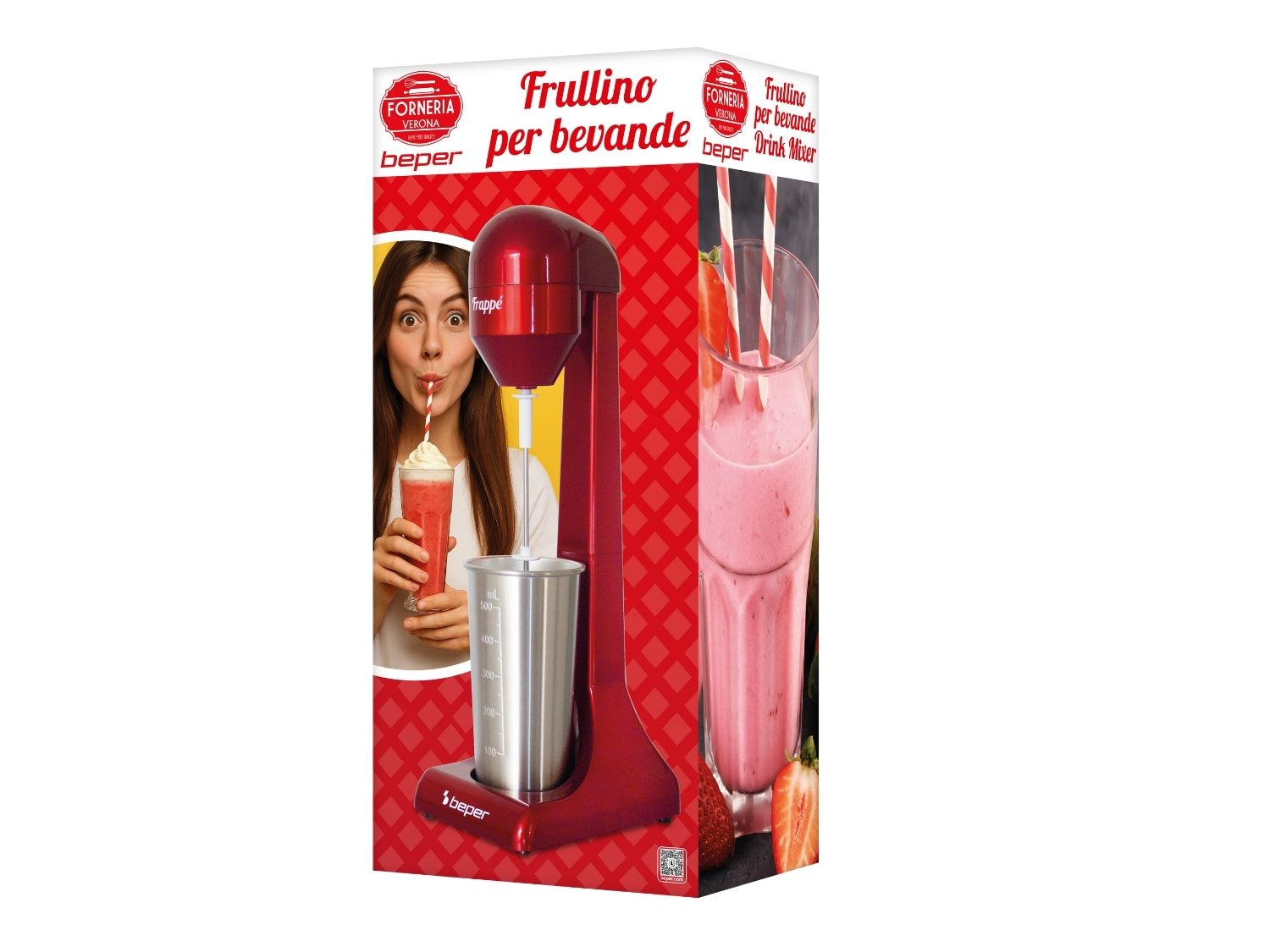 La scatola mostra un frullatore rosso. Una donna beve da un bicchiere con una cannuccia, con una bevanda rosa. Sono visibili fragole.