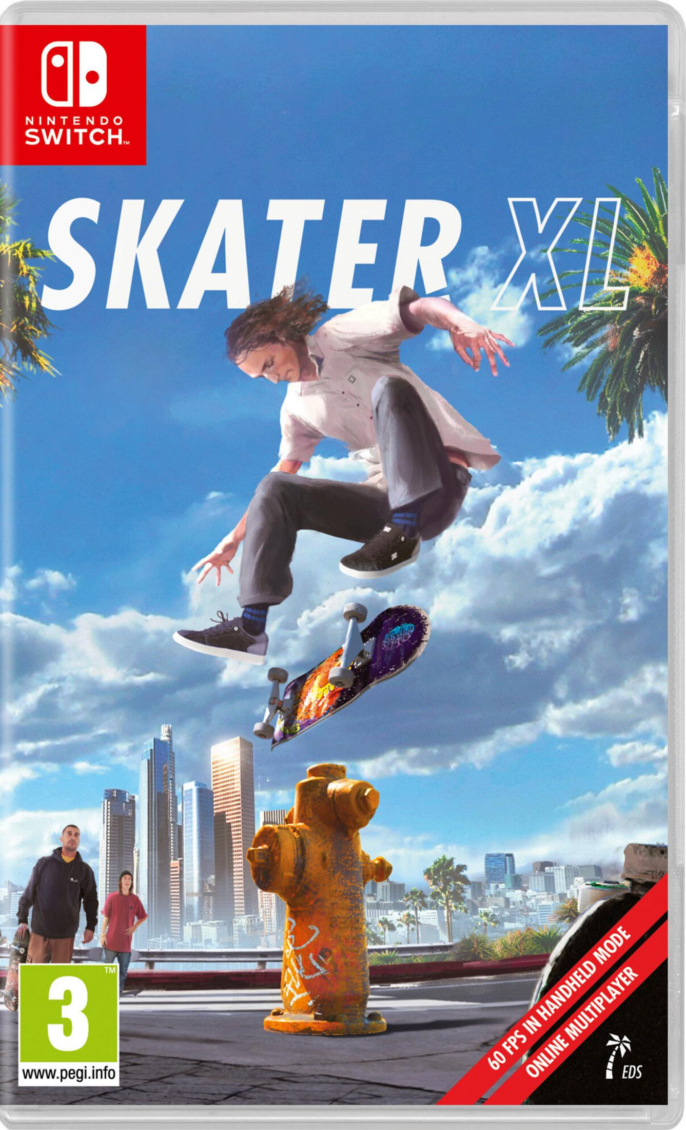 Skater skacze nad deskorolką. W tle wieżowce i hydrant. Nazwa gry to Skater XL.