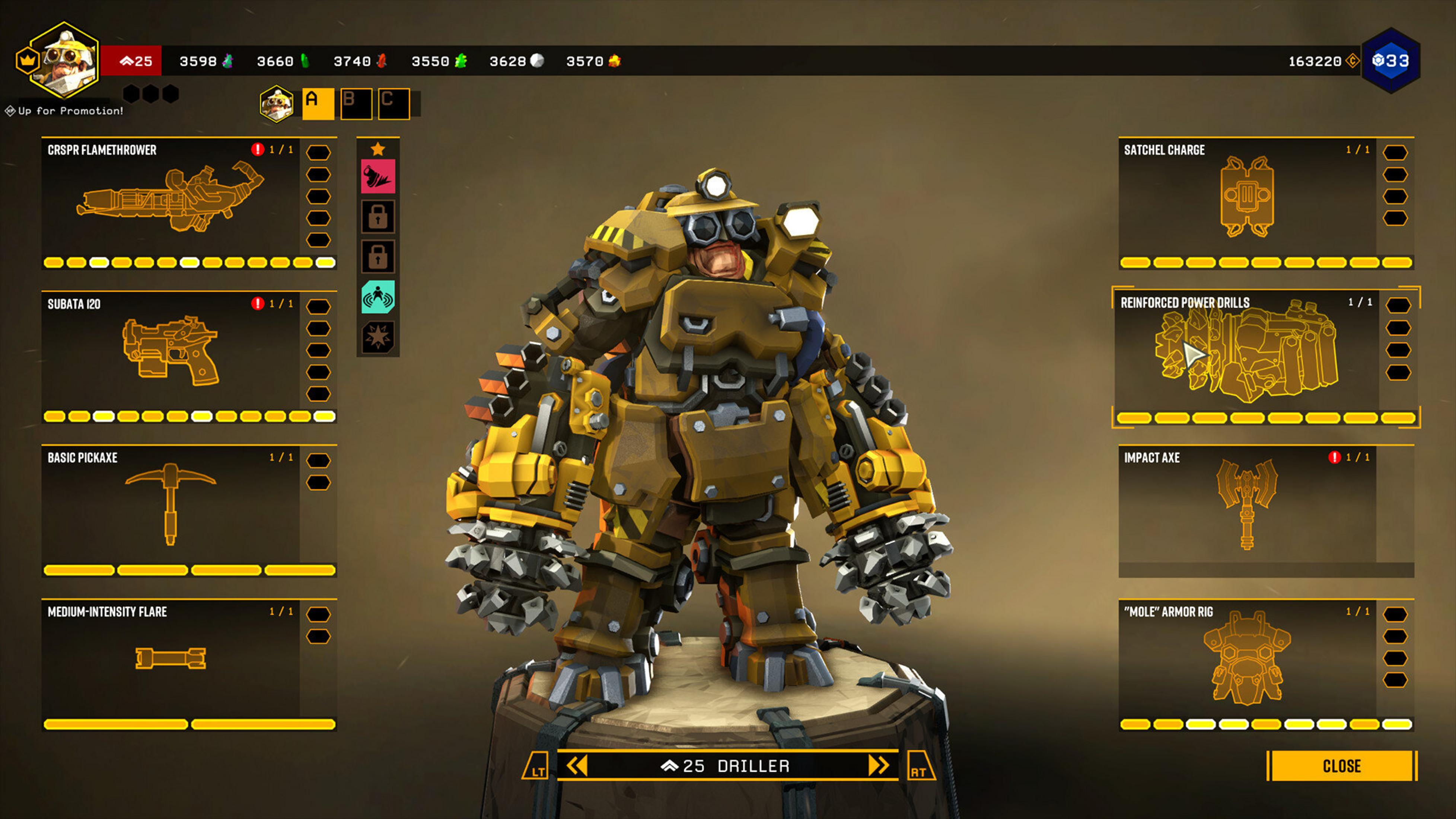 Żółta opancerzona postać stoi, interfejs gry wokół niej. Widoczne są opcje broni i ulepszeń.