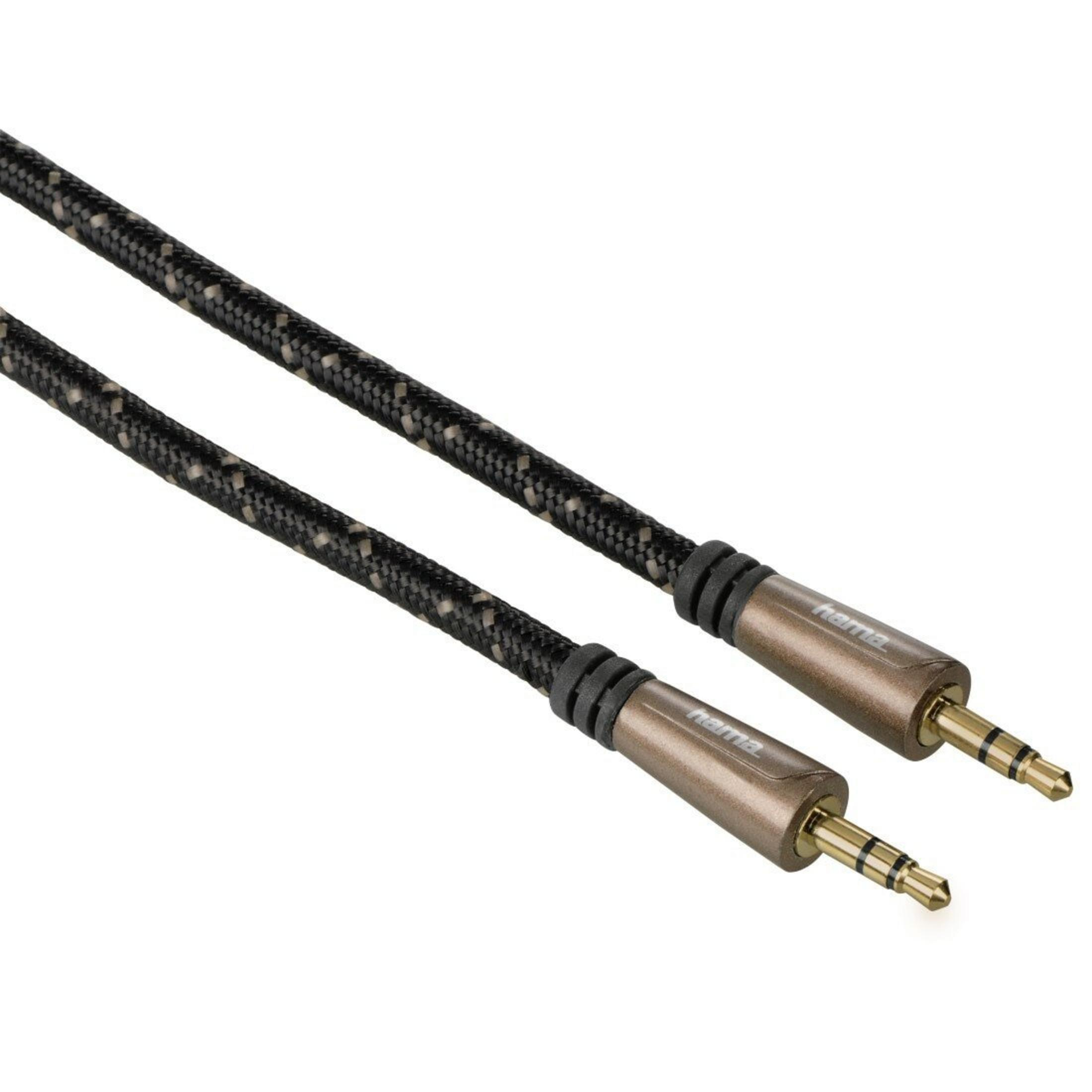 Zwei schwarz-weiß geflochtene Audiokabel mit goldfarbenen Steckern, Marke Hama, auf weißem Hintergrund.