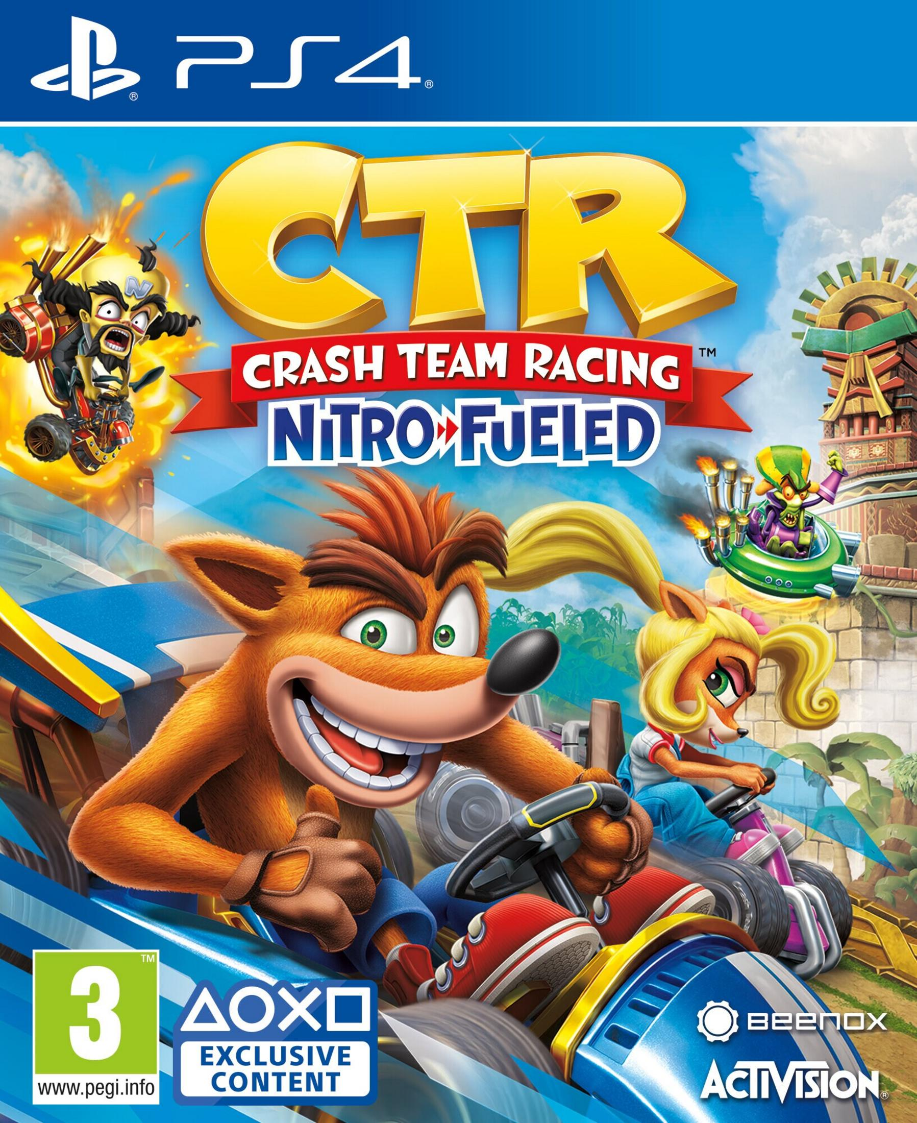 Copertina del gioco con Crash Bandicoot alla guida di un kart, Coco Bandicoot e altri personaggi. Il titolo è 'Crash Team Racing'.