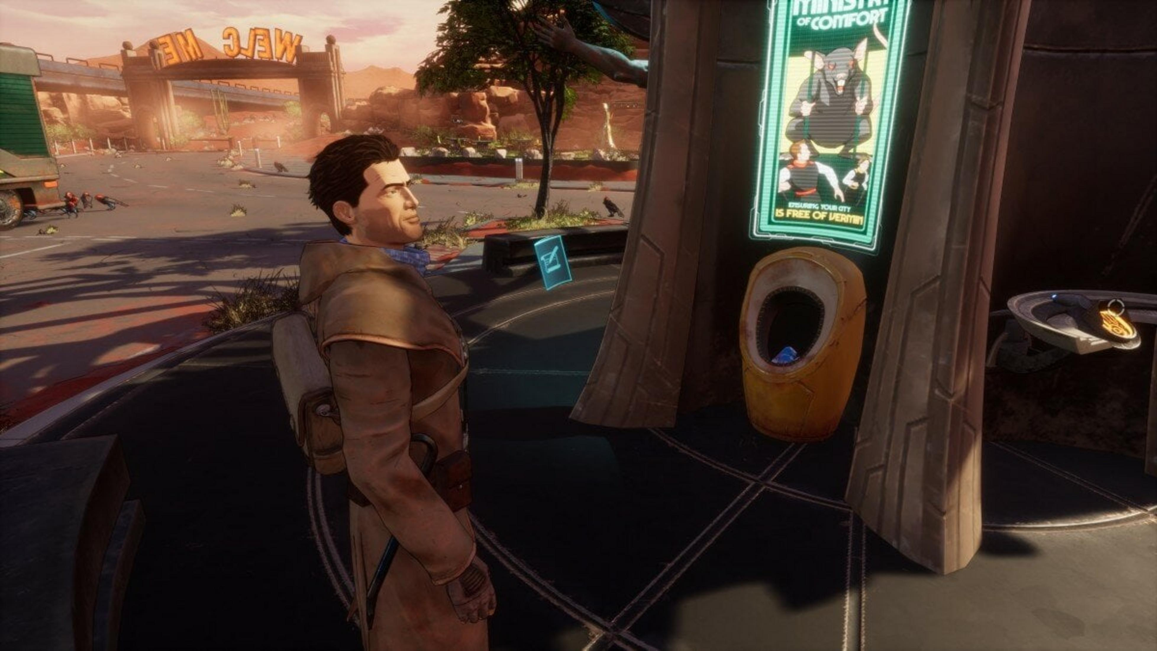 Mężczyzna w brązowym płaszczu stoi w pobliżu futurystycznego pisuaru z plakatem. Znak głosi 'Witamy'. Scena ma postapokaliptyczny klimat.