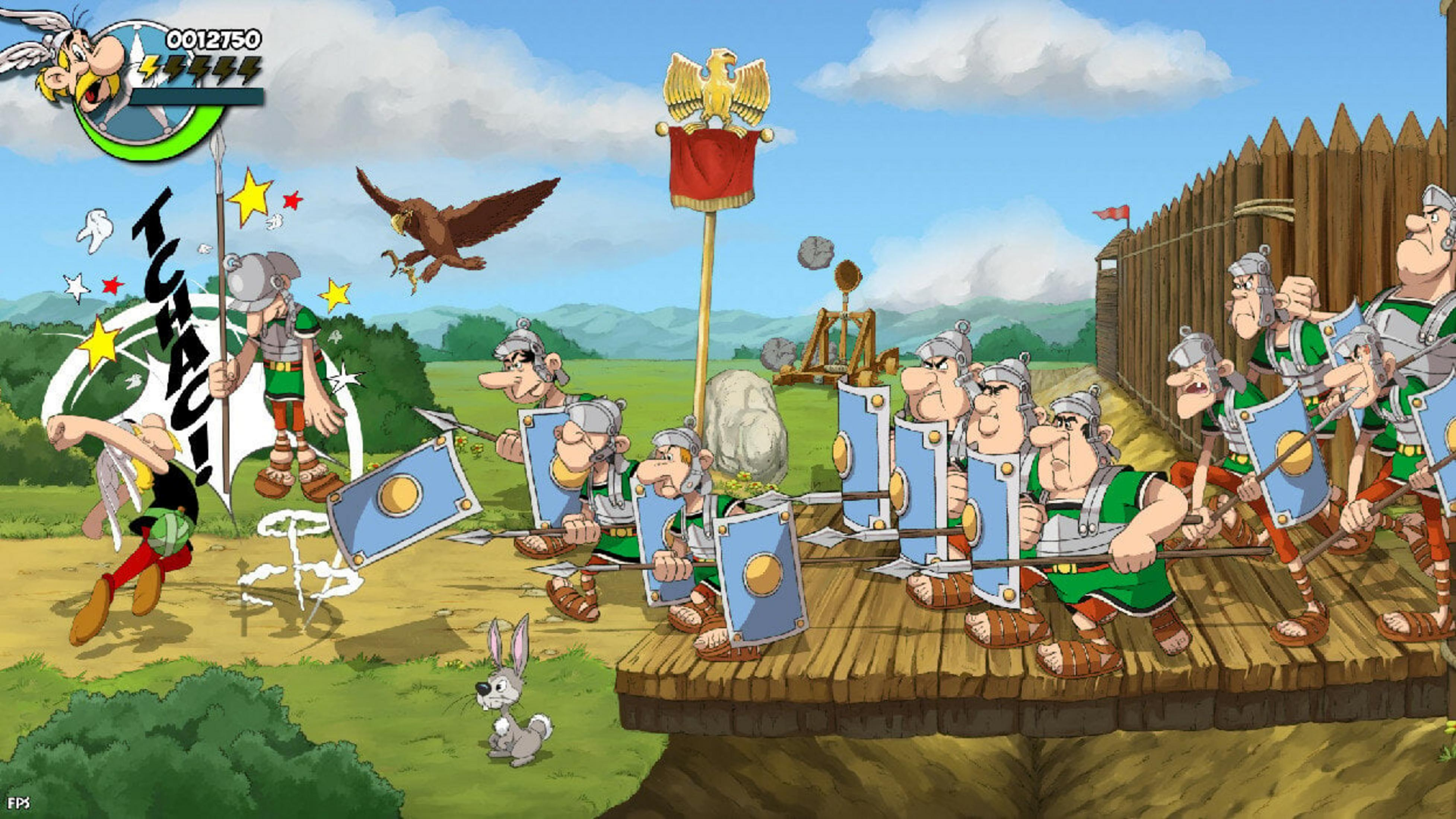 Obraz w stylu komiksowym. Asterix walczy z rzymskimi żołnierzami w pobliżu drewnianego fortu. Królik jest na pierwszym planie, a orzeł leci.