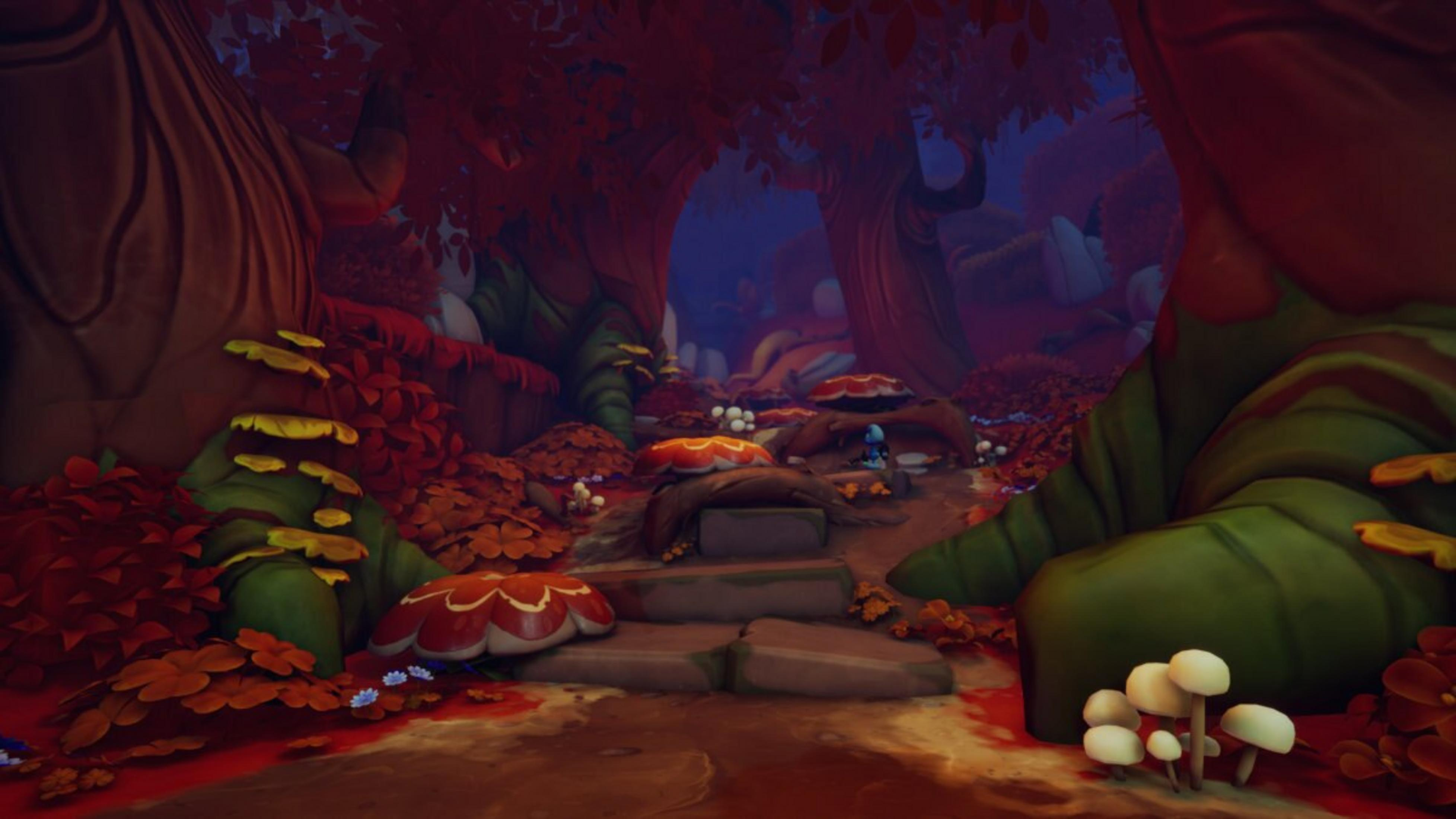 Stylizowana scena leśna z czerwonymi liśćmi, dużymi grzybami i ścieżką. Oświetlenie jest przytłumione, tworząc atmosferę fantasy.