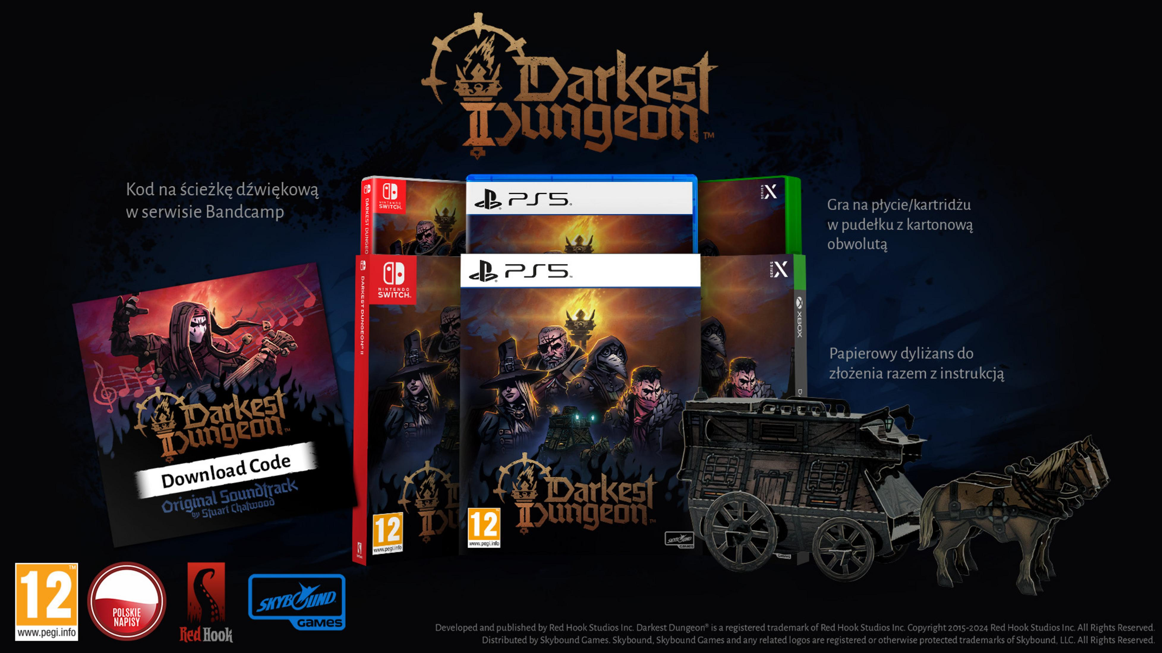 Pudełka z grą Darkest Dungeon i ścieżka dźwiękowa. Pokazano wersje na Switch, PS5 i Xbox. Dołączono papierową karocę.