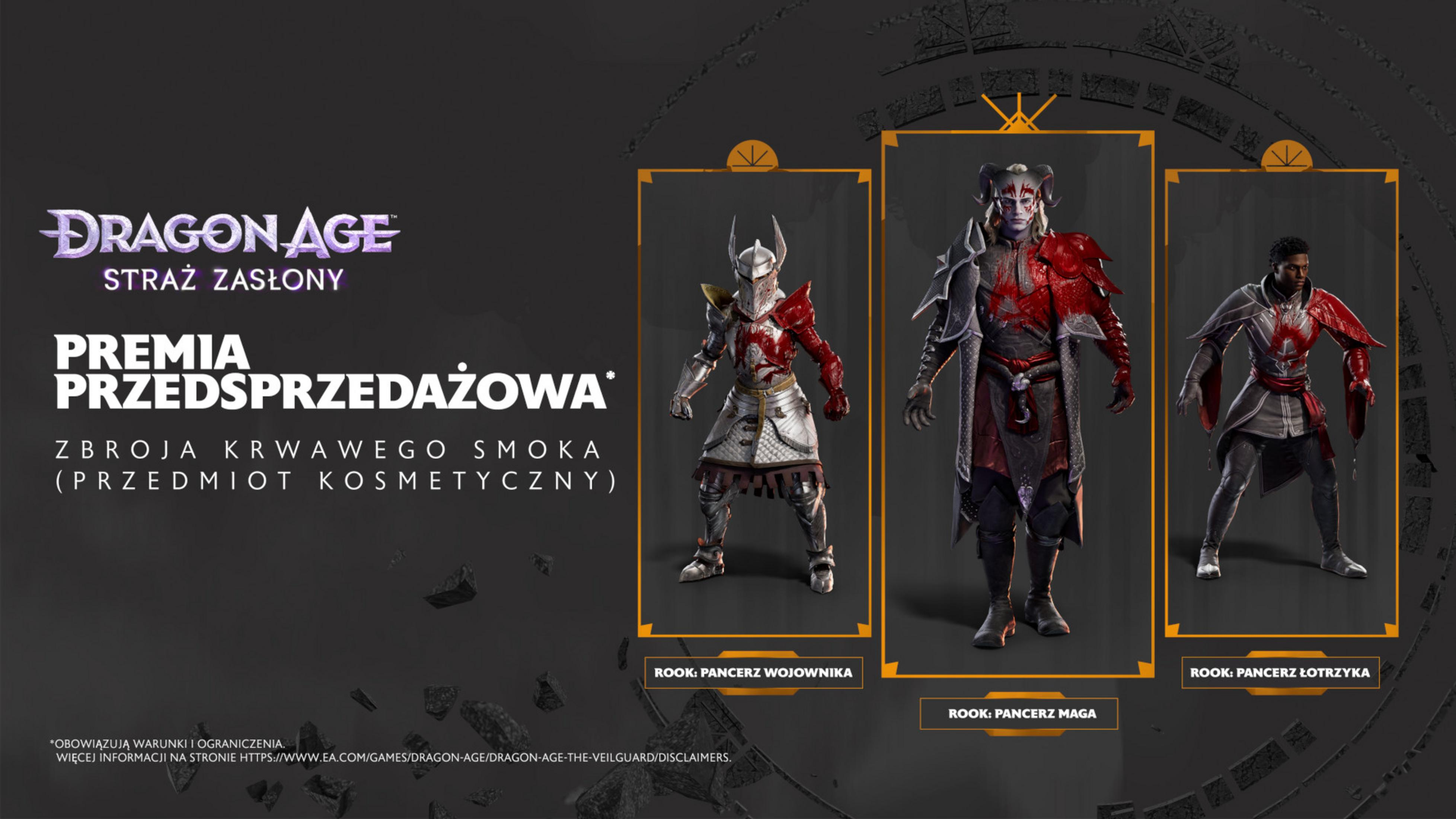 Imagen promocional de Dragon Age con tres personajes con armadura y detalles rojos. El texto incluye "Dragon Age" y "Bonificación de reserva".