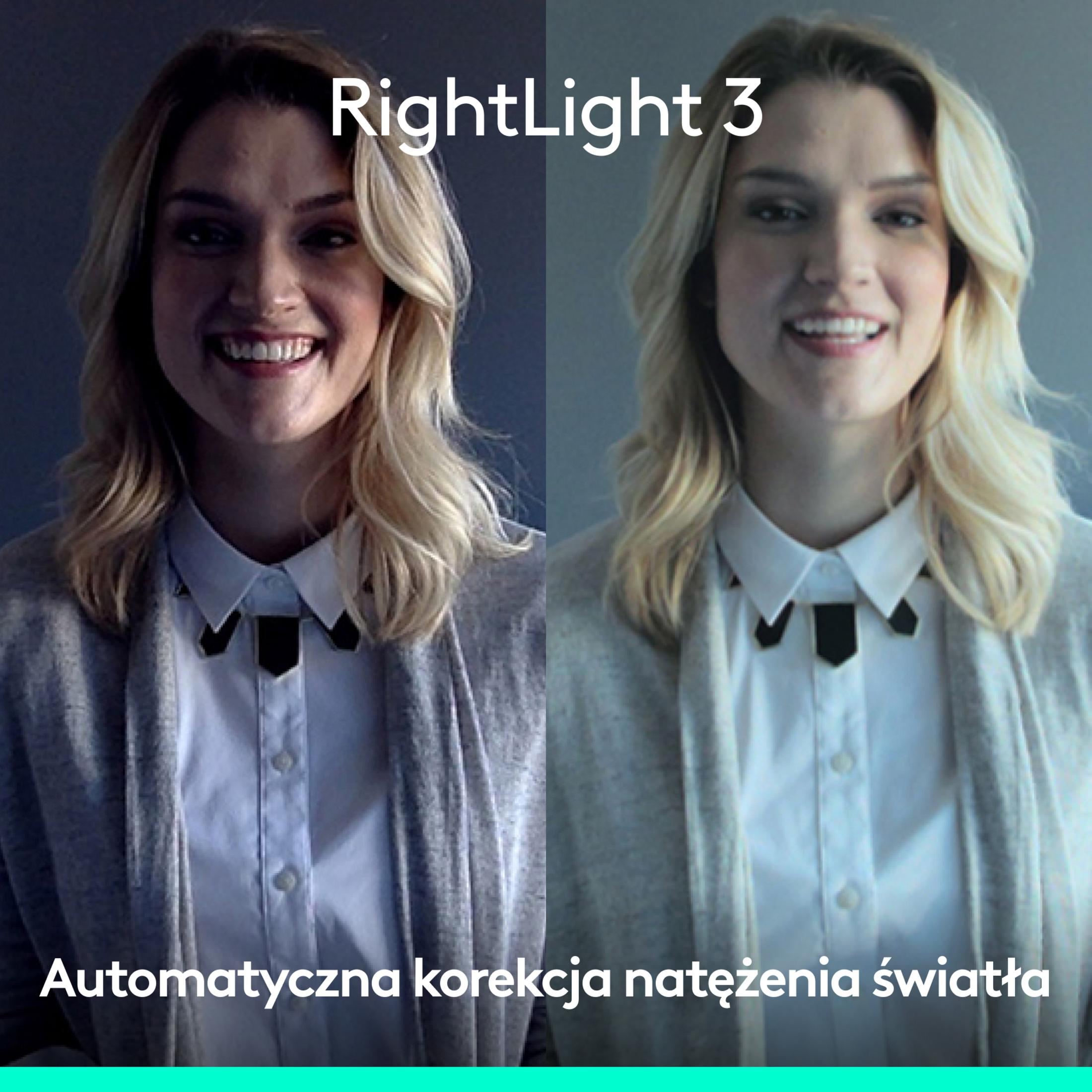 Uśmiechnięta blondynka. Obraz podzielony, pokazuje efekt korekcji światła przed i po.