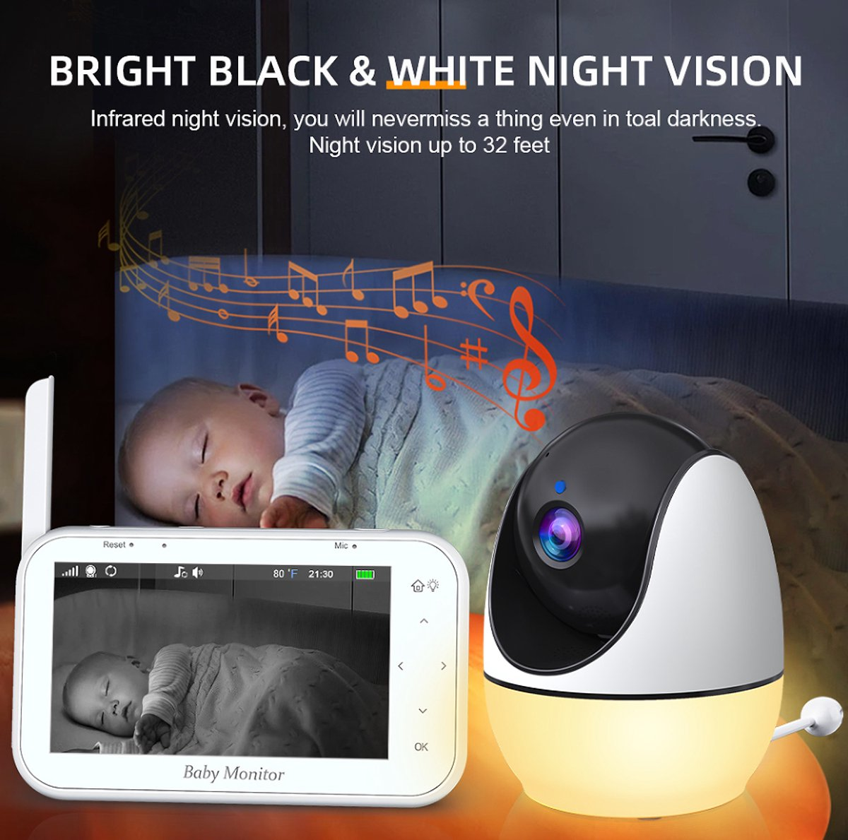 Ein Babyphone zeigt ein schlafendes Baby. Kamera und Bildschirm zeigen das Baby. Der Text lautet 'Bright Black & White Night Vision'.