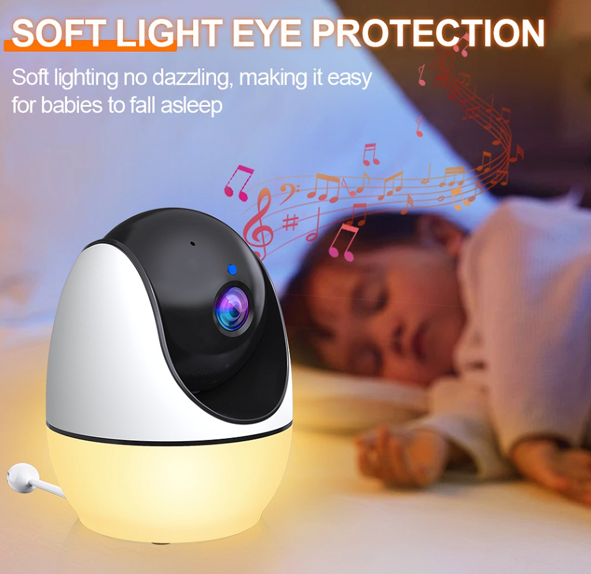 Ein Babyphone mit weichem Licht, schwarz-weißes Design. Im Hintergrund schläft ein Kind. Noten schweben in der Luft.