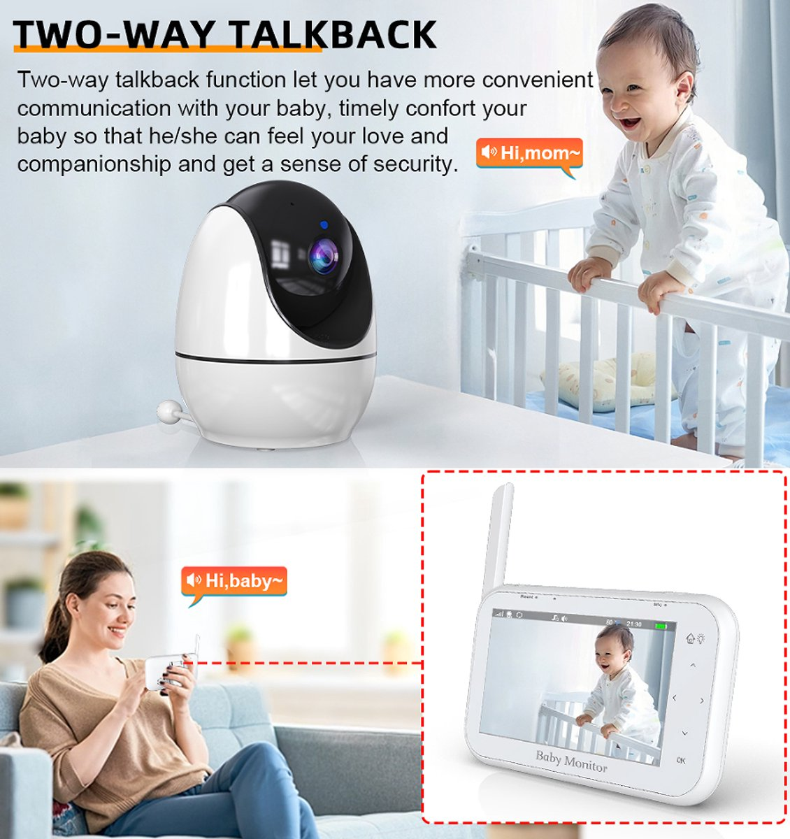 Ein Babyphone mit Kamera, ein Baby in einem Kinderbett und eine Frau, die einen Monitor hält. Text beschreibt die Gegensprechfunktion.