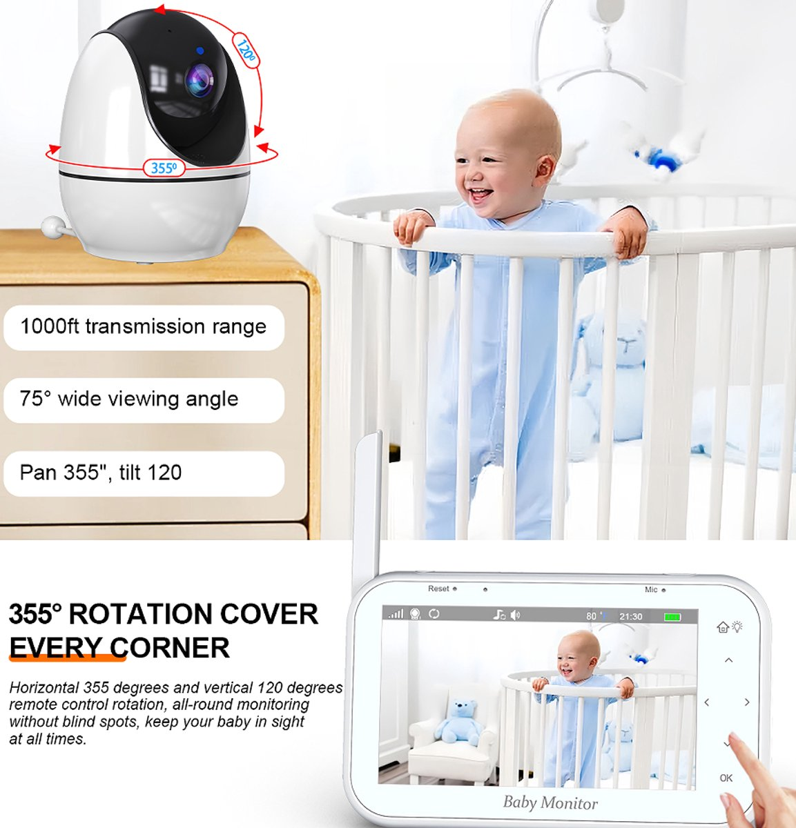 Ein Babyphone zeigt ein Baby in einem Kinderbett. Auf der linken Seite befindet sich eine Kamera. Der Monitor hat einen Bildschirm mit einem Baby.