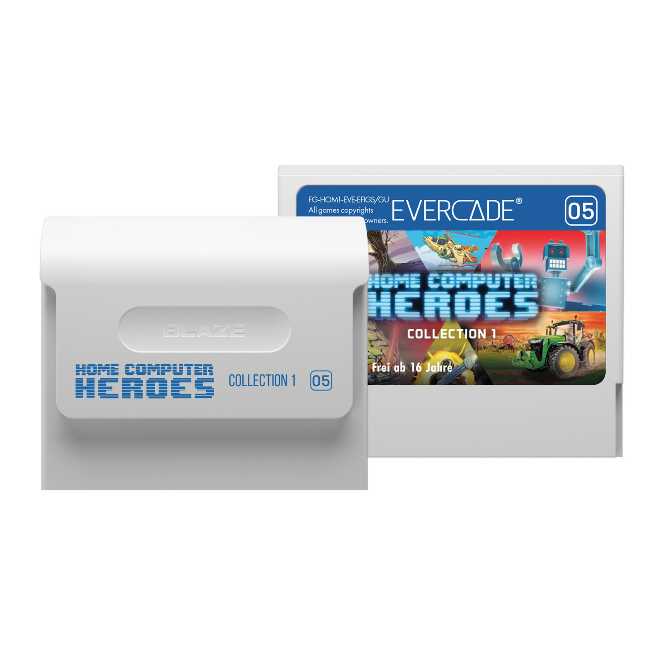 Biały kartridż Evercade i jego obudowa. Kartridż przedstawia "Home Computer Heroes Collection 1" i traktor.