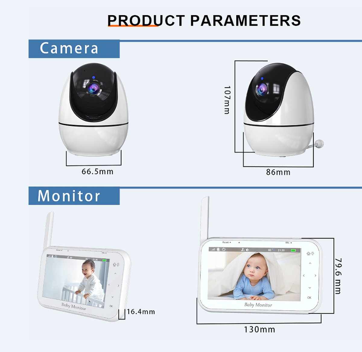 Produktparameterdiagramm: Babyphone-Kamera und Monitor. Abmessungen sind angegeben. Monitor zeigt ein Baby.