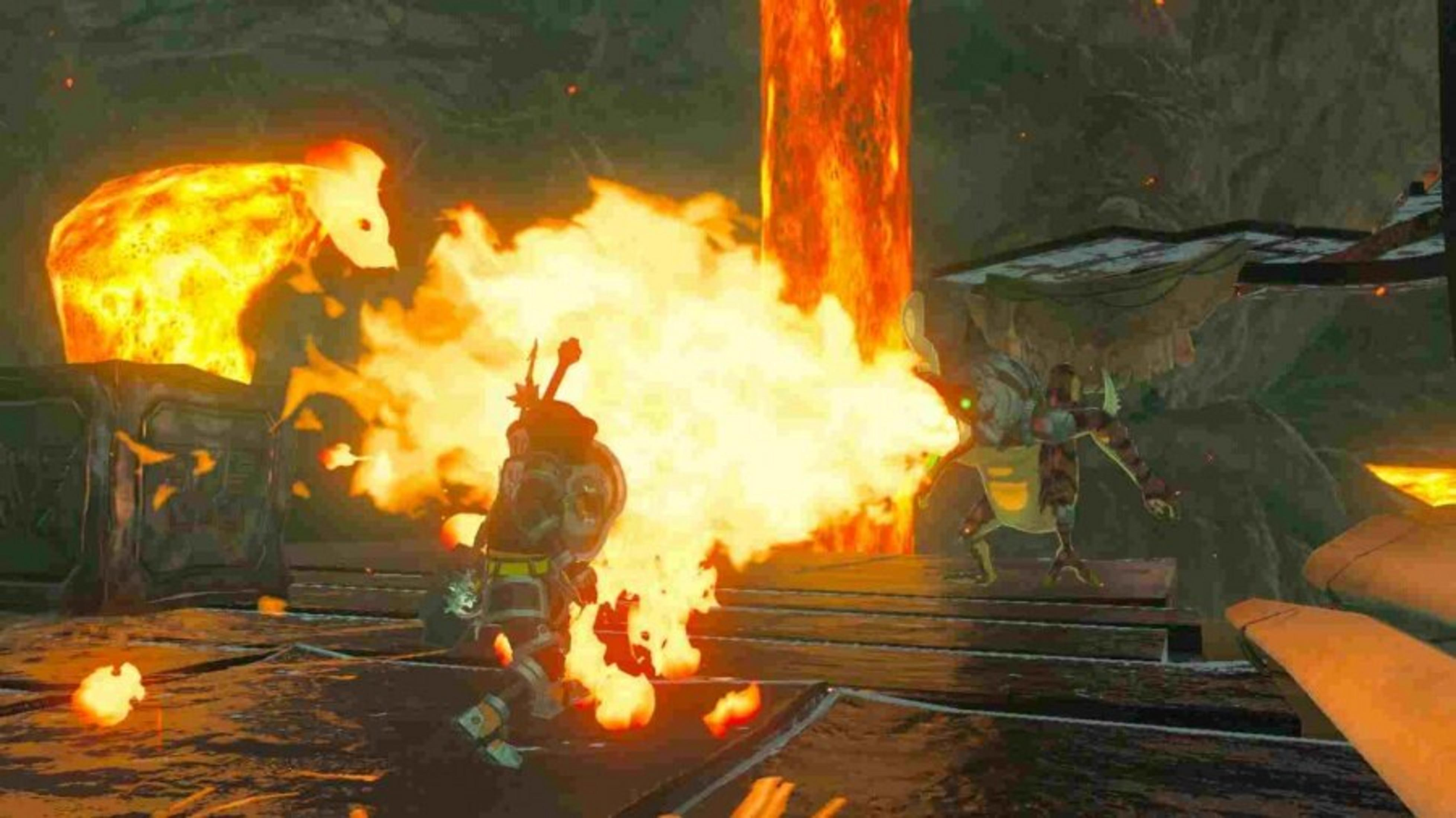 Un personaggio con una spada combatte contro i nemici tra fiamme e lava. Una figura a forma di orso infuocato è sullo sfondo.