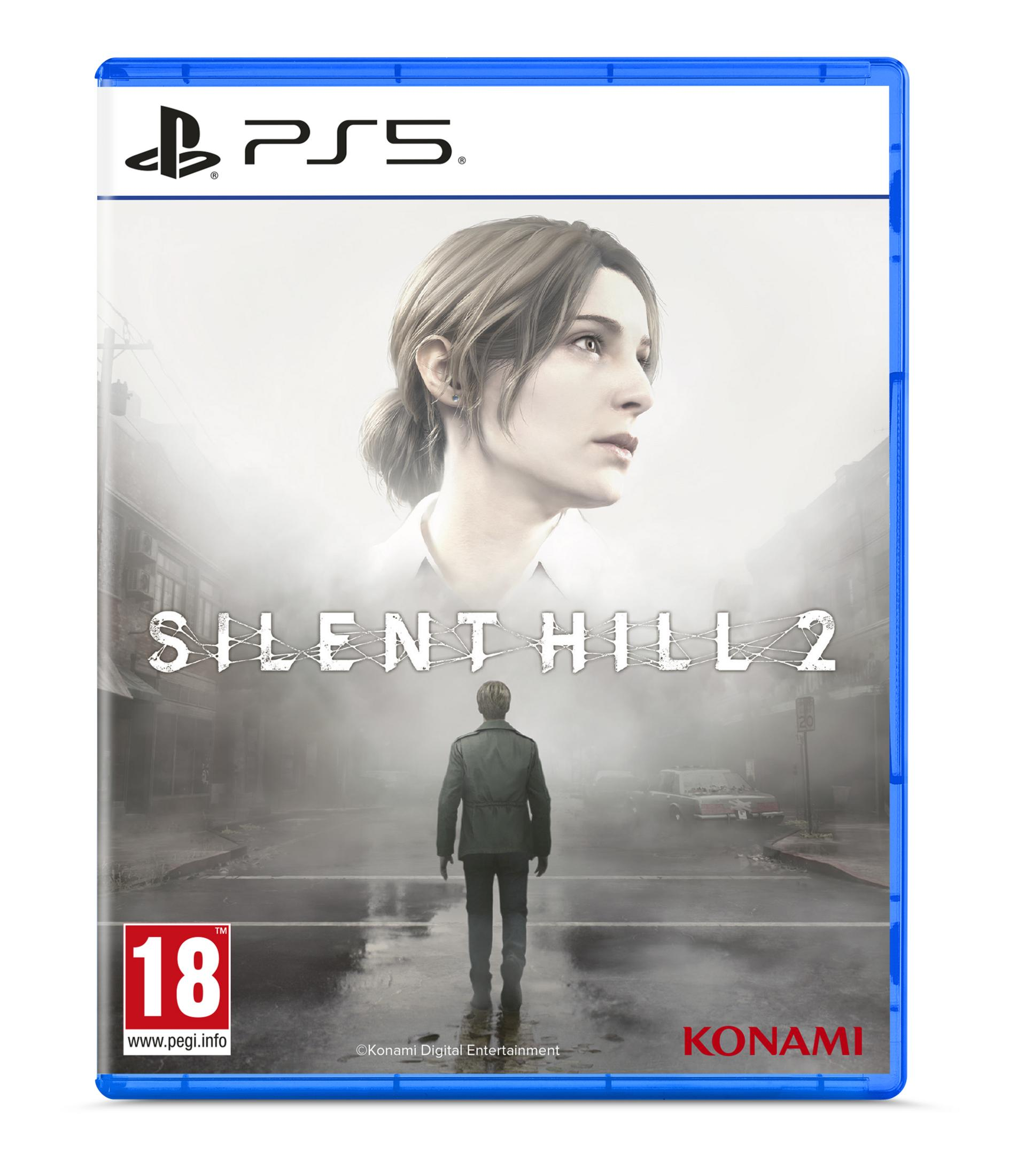 Copertina del gioco: Silent Hill 2. Una persona cammina su una strada nebbiosa verso lo spettatore. C'è un volto femminile in alto.