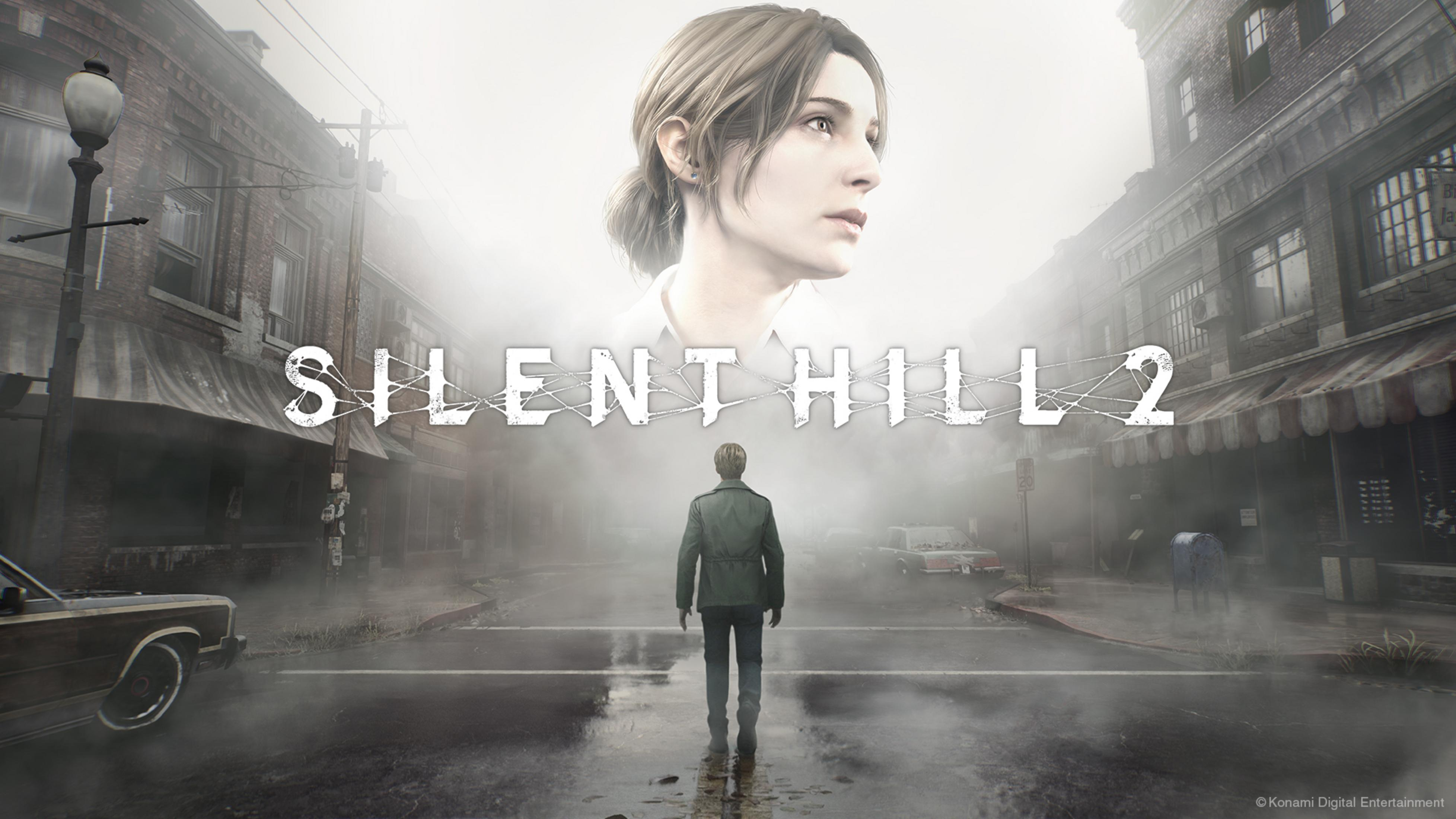 Un uomo con un cappotto verde cammina verso lo spettatore in una strada nebbiosa. C'è un volto di donna e le parole Silent Hill 2.