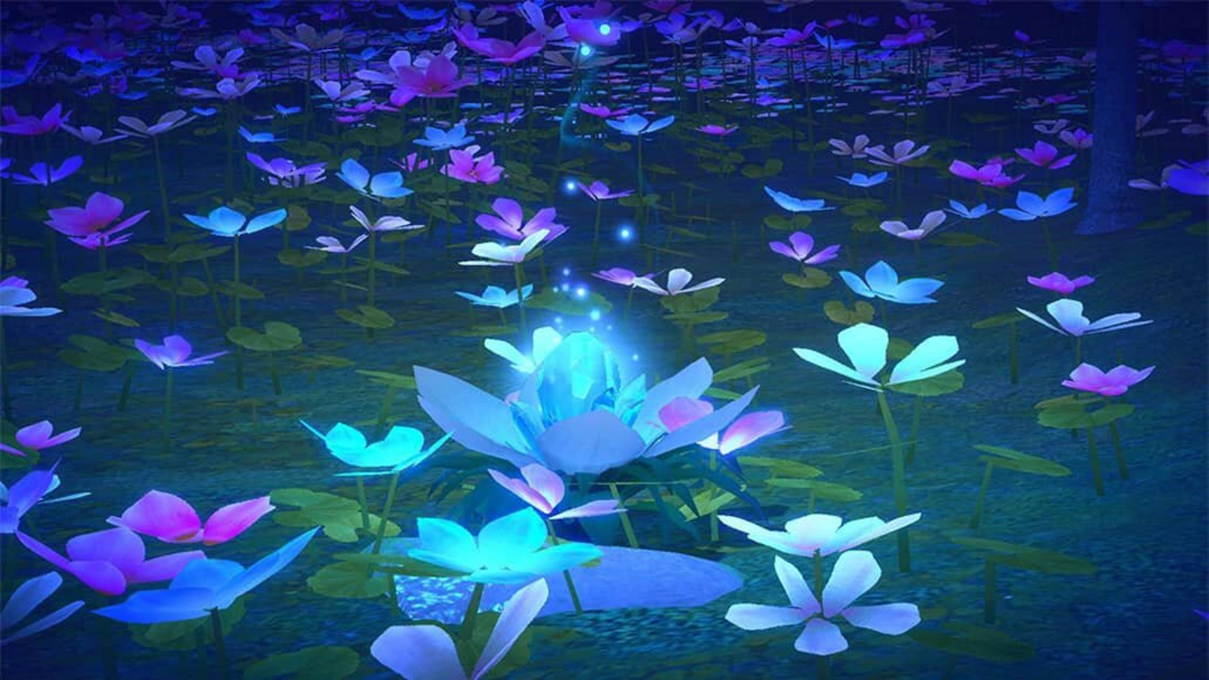 Nocna scena z świecącymi kwiatami w stawie. Niebieskie, fioletowe i białe kwiaty z zielonymi liśćmi. Kryształ pośrodku.