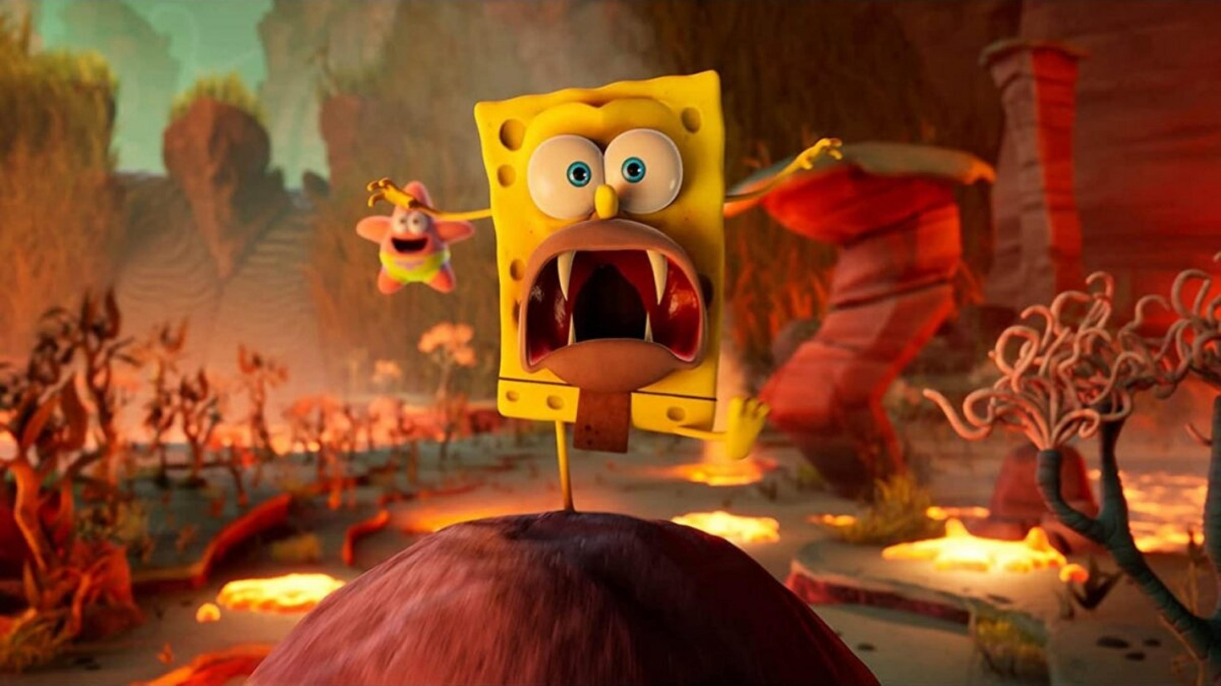 SpongeBob mit offenem Mund und Fangzähnen, mit Patrick Star. Der Hintergrund hat eine orangefarbene und rote Landschaft.