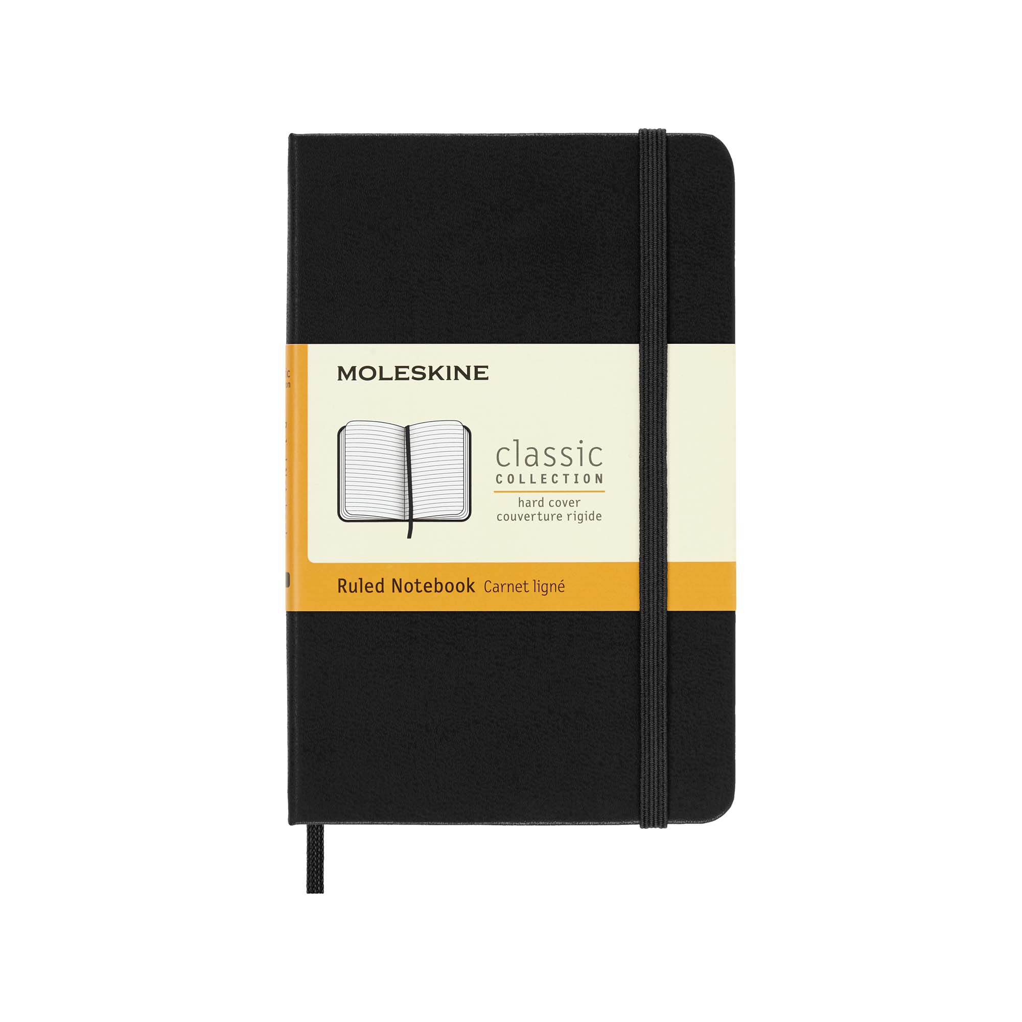 Czarny notatnik Moleskine z gumką i papierową opaską. Na opasce widnieje napis 'classic collection'.