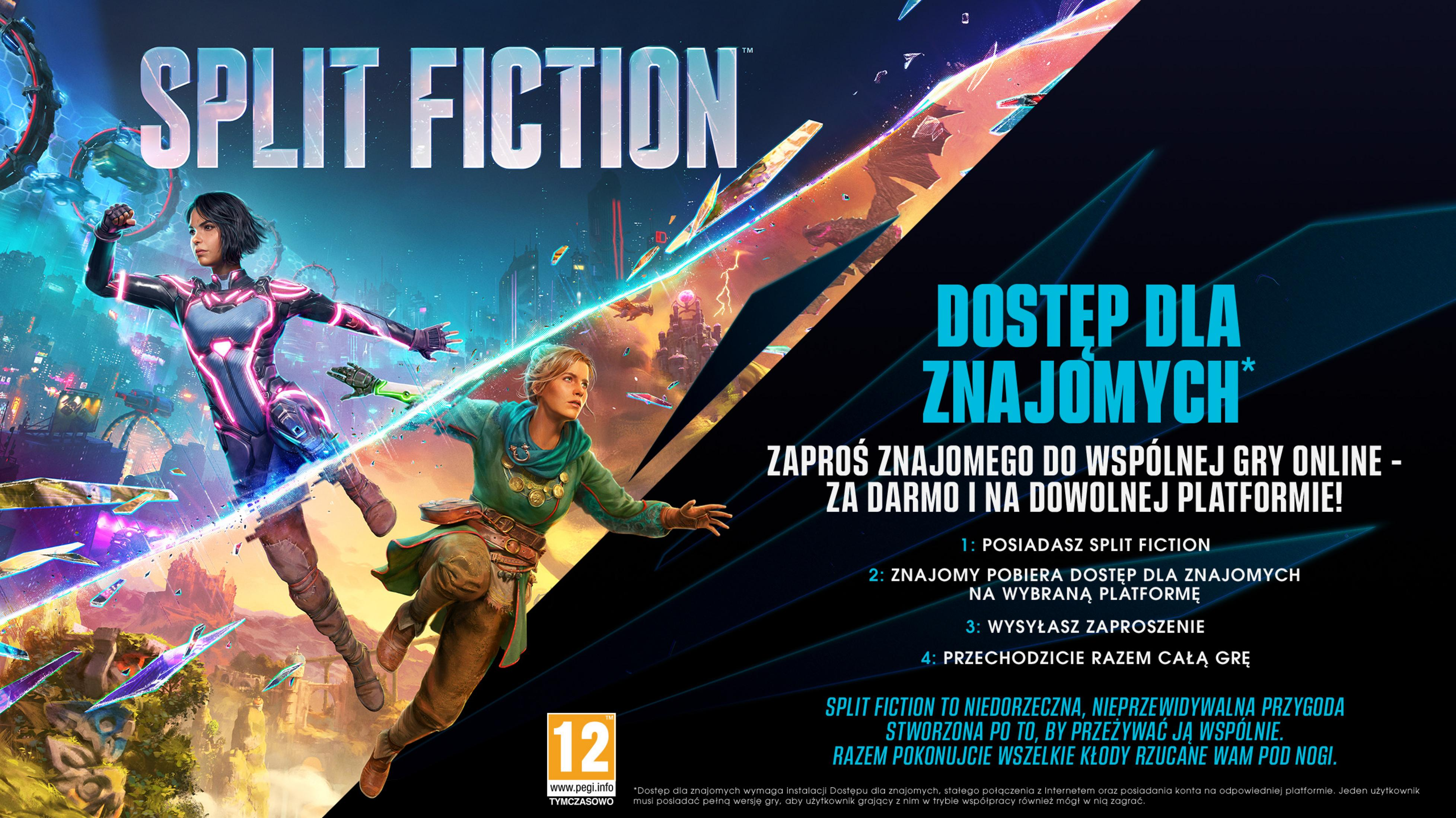 Plakat gry Split Fiction. Dwie postacie, futurystyczna sceneria, tekst o grze online i klasyfikacji.