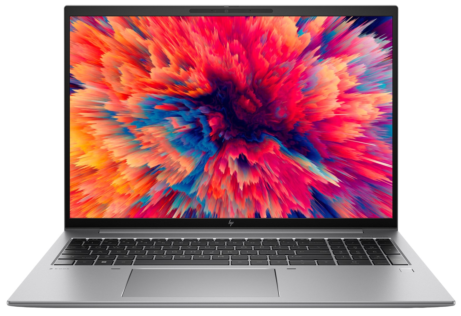 Srebrny laptop z kolorowym abstrakcyjnym tłem na ekranie. Widoczna klawiatura i touchpad.