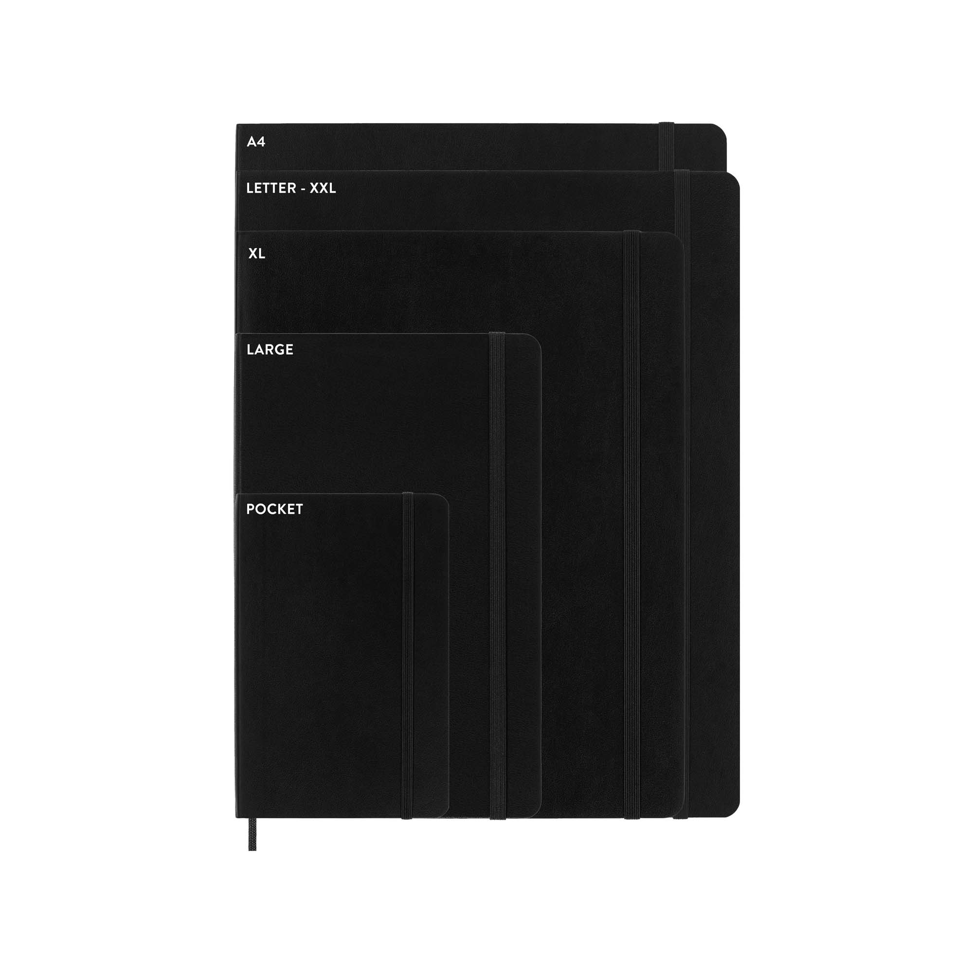Pięć czarnych notatników o różnych rozmiarach jest ułożonych w stos. Etykiety wskazują rozmiary: A4, Letter-XXL, XL, Large i Pocket.