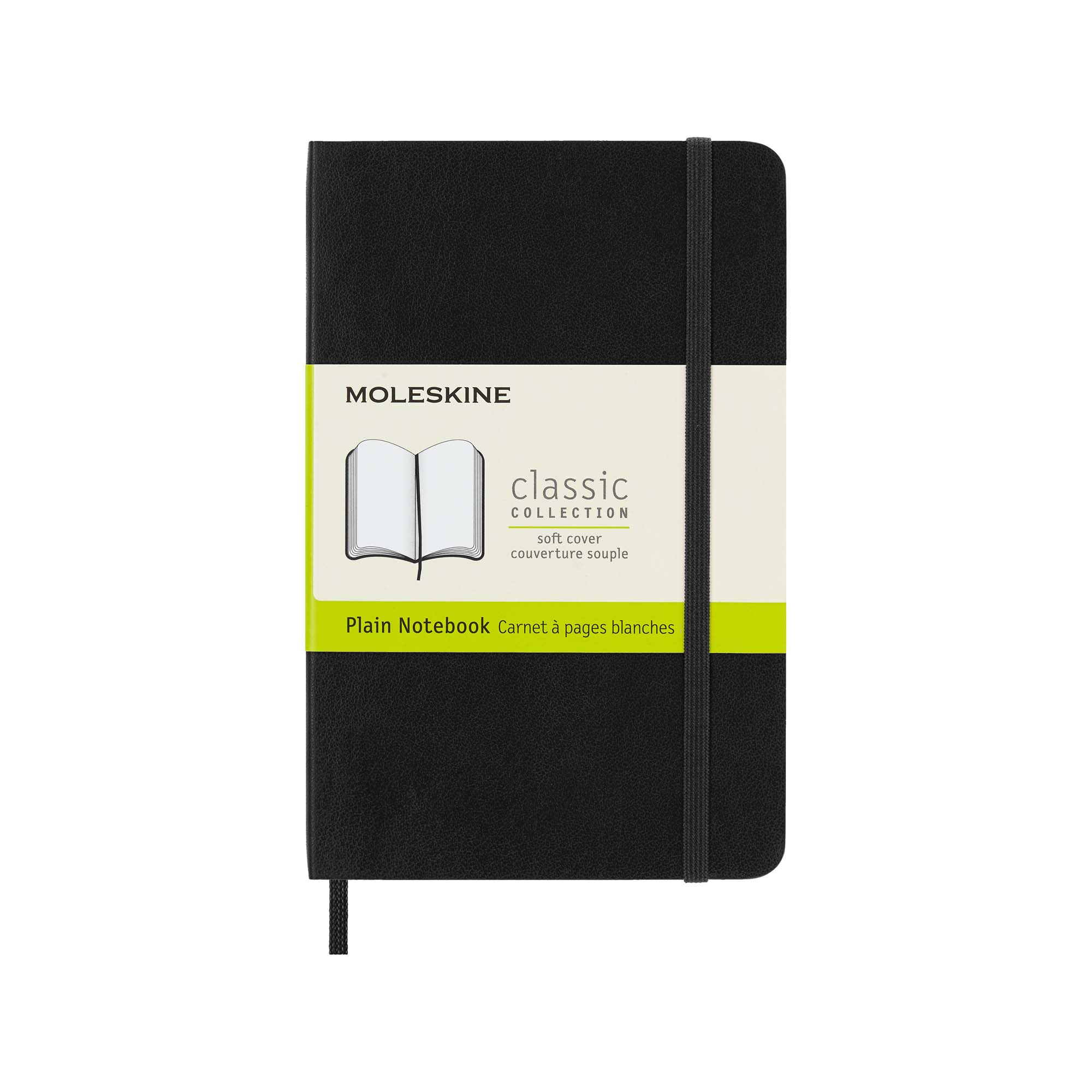 Czarny notatnik Moleskine classic z gumką i zakładką. Etykieta wyświetla markę i szczegóły produktu.