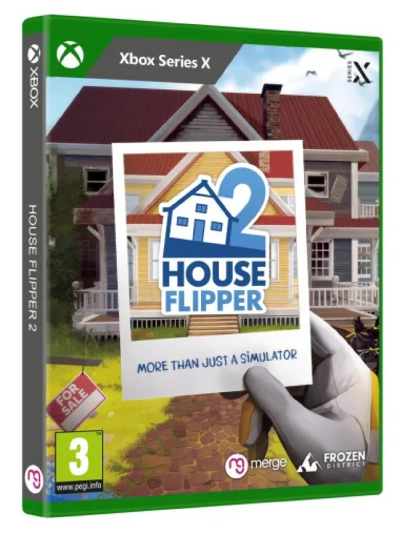 Pudełko z grą Xbox Series X. Grafika na okładce House Flipper 2 z obrazem domu, trzymająca go dłoń. Zielone pudełko.