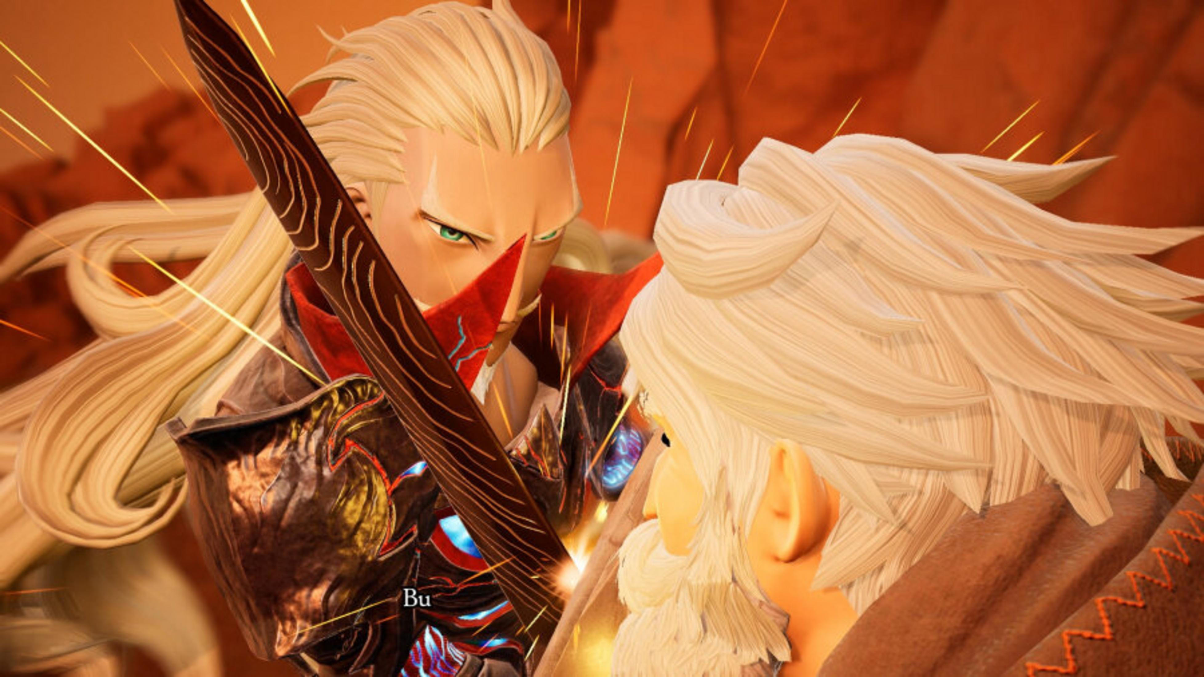 Dwie postacie walczą, jedna z mieczem, blond włosami, czerwonymi akcentami. Druga ma blond włosy, brodę i brązowy płaszcz.