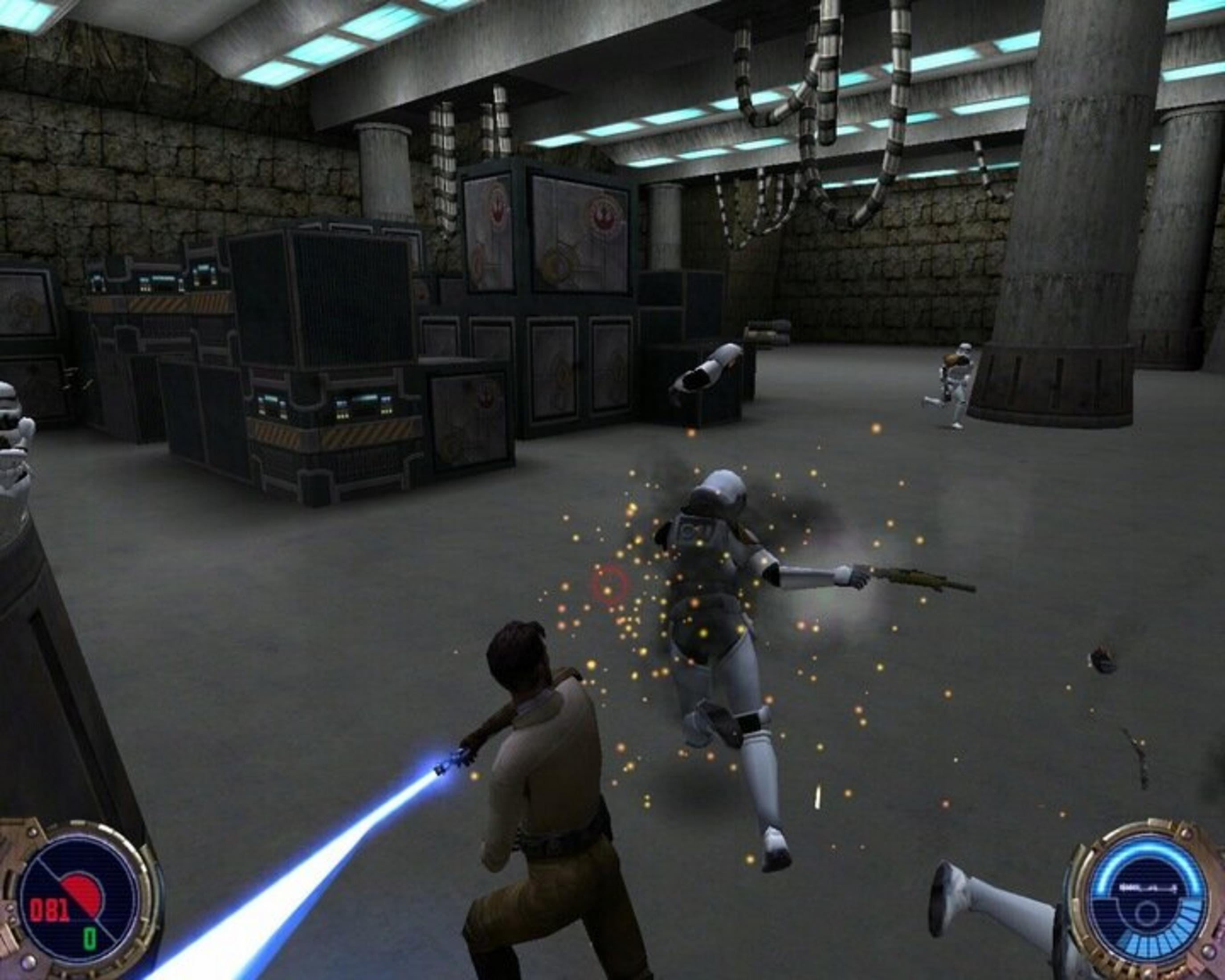 Scena z gry Star Wars przedstawia mężczyznę z niebieskim mieczem świetlnym walczącego z białą postacią w zbroi.