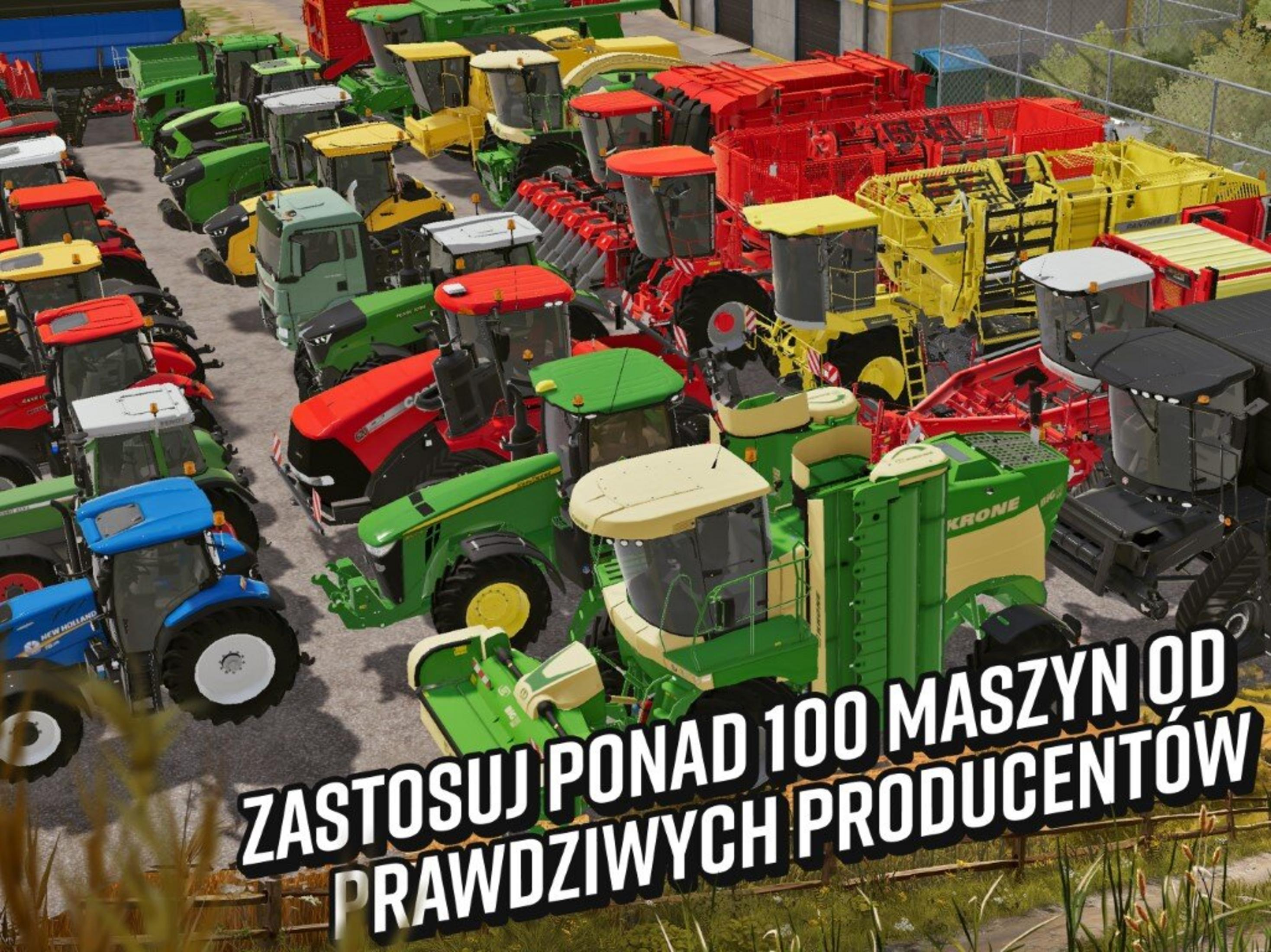 Wiele traktorów i maszyn rolniczych zaparkowanych na polu. Maszyny są w różnych kolorach.