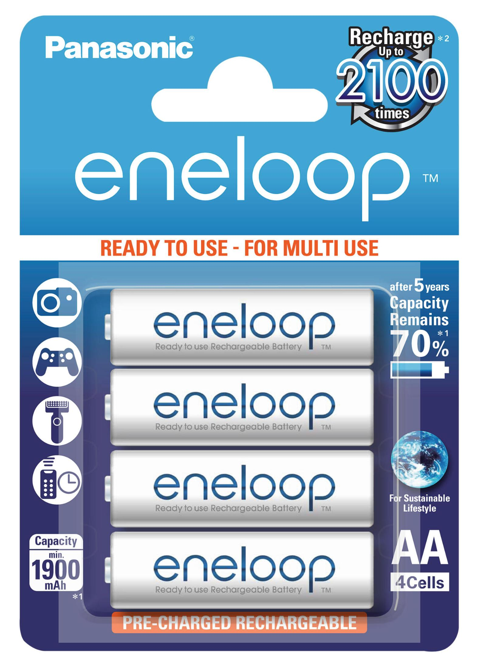 Opakowanie baterii AA eneloop. Pokazuje markę, cechy i baterie w środku. Dominują kolory niebieski i biały.