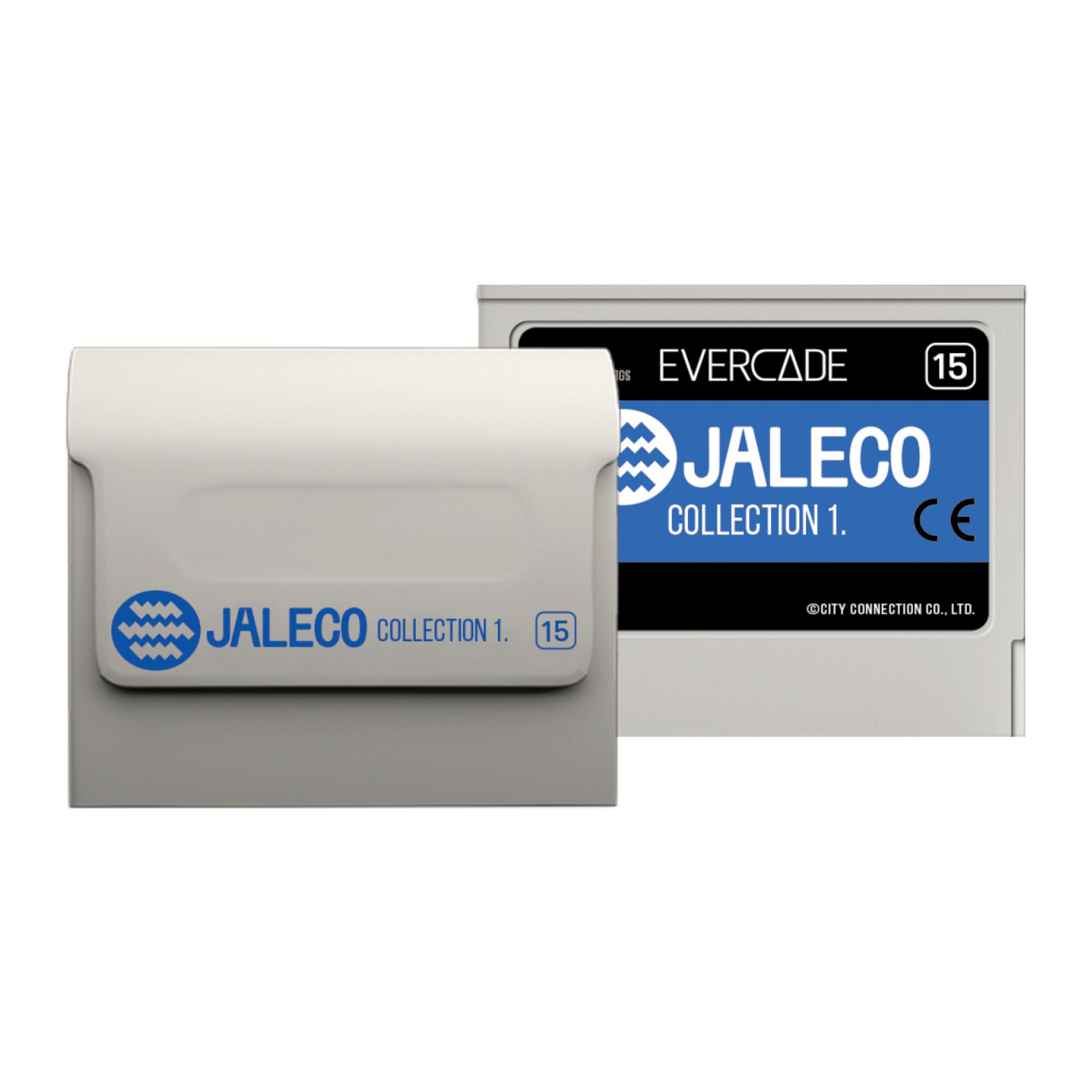 Dwa kartridże do gier. Jeden ma białą osłonę z niebieskim tekstem 'JALECO COLLECTION 1'. Drugi ma niebiesko-biały tekst.