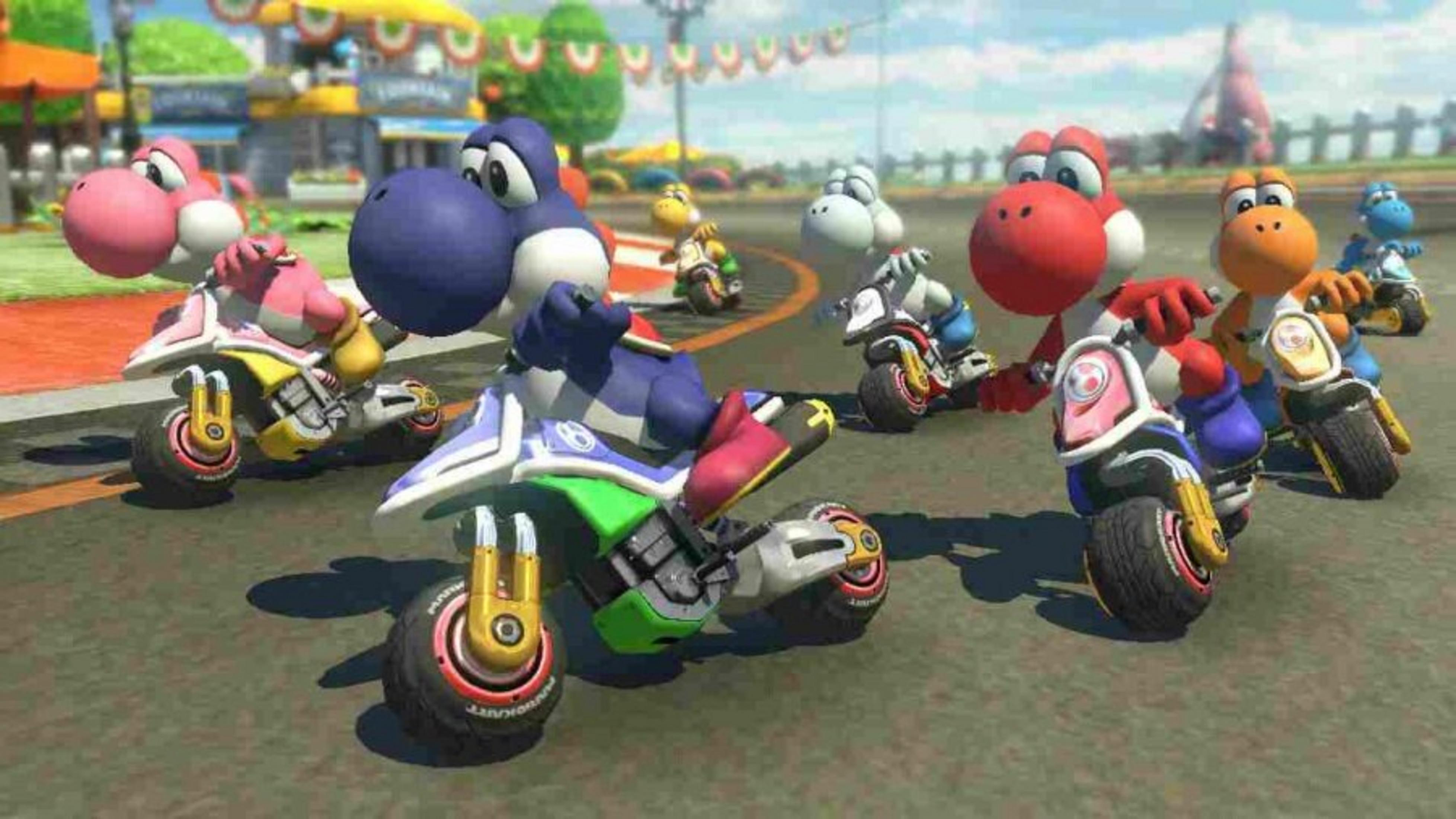 Yoshi-Charaktere fahren Motorradrennen. Verschiedene Farben von Yoshis, darunter rosa, blau, rot und orange, nehmen an einem Rennen teil.