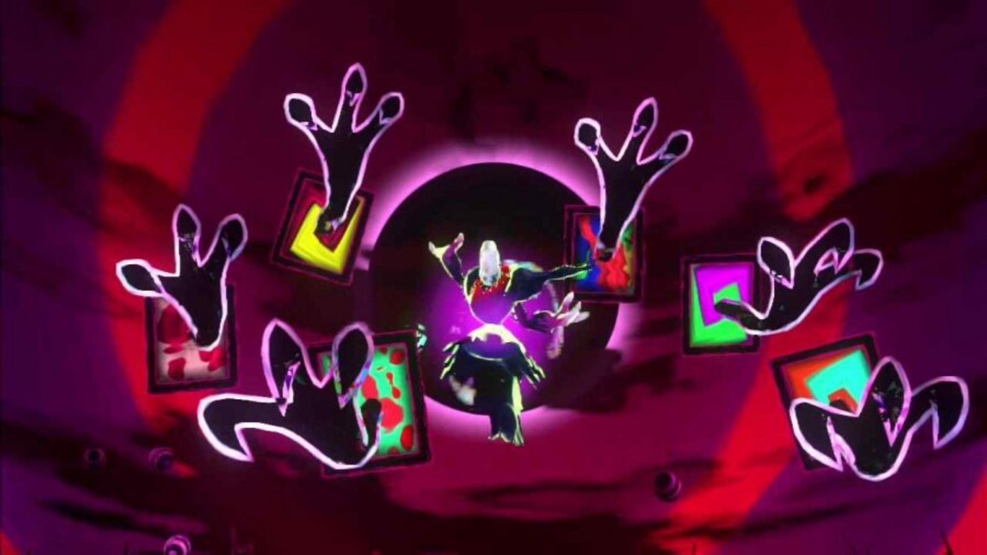 Scena z postacią, otoczona pływającymi ramkami w kształcie pazurów z kolorową grafiką na fioletowym tle.